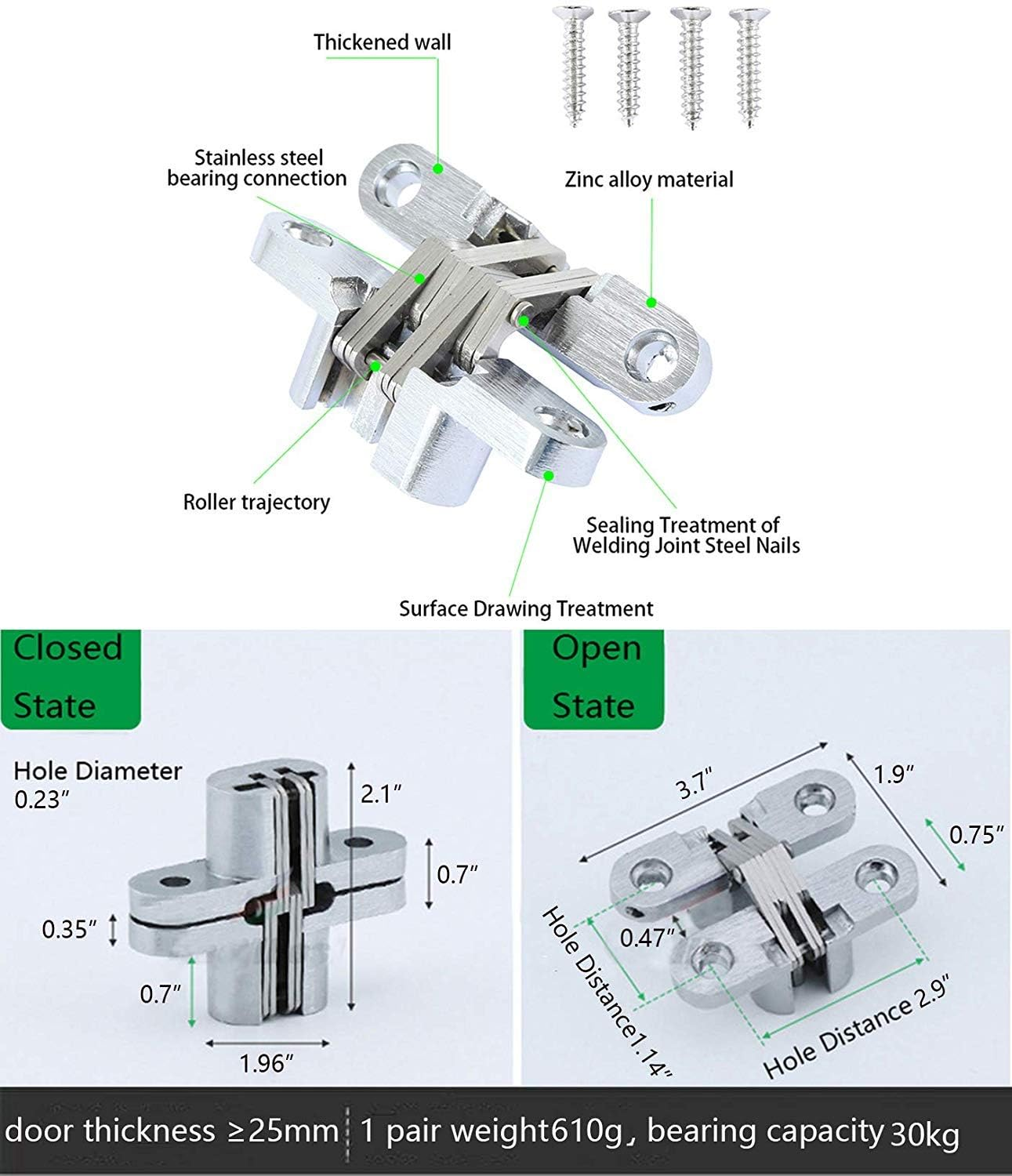 Pair of 3-3/4'' Hidden Gate Hinge Stainless Steel Invisible Door Hinges Concealed Barrel Wooden Box Silver (2Pcs) image number 1