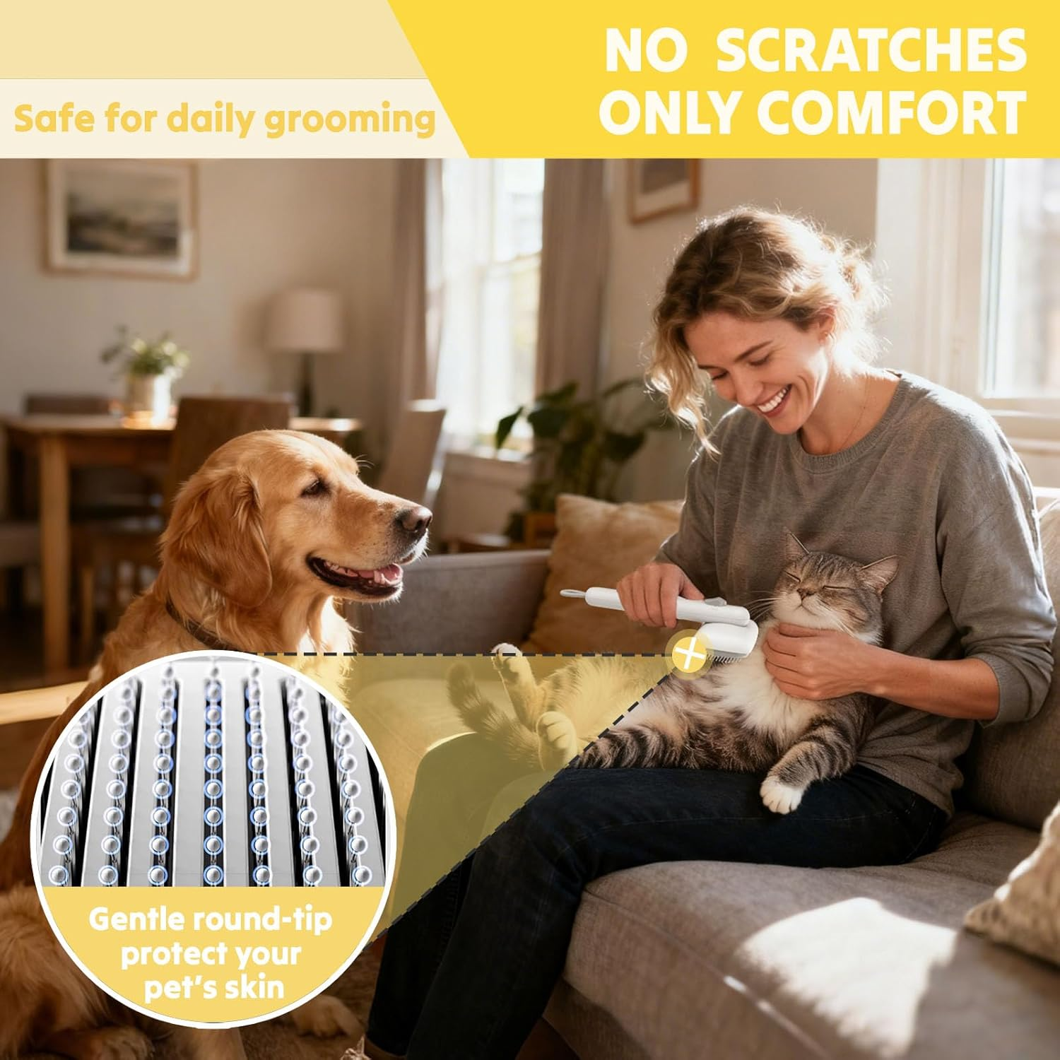 Cat Brush & Dog Brush, Self Cleaning Slicker Brush with 3 Modes, Deshedding Grooming Tool for Cats & Dogs, Hair Remover for Short & Long Haired Pets, One-Click Easy Clean Removes Loose Fur & Tangles image number 3