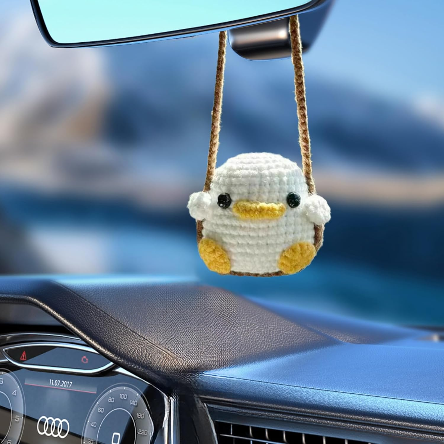 Crochet Swinging Duck Car Mirror Hanging Accessories, Cute Car Decorations for Women Aesthetic, Handmade Knitted Rearview Mirror Accessories Crochet Duck Home Office Decor Ornaments - Chicken image number 4