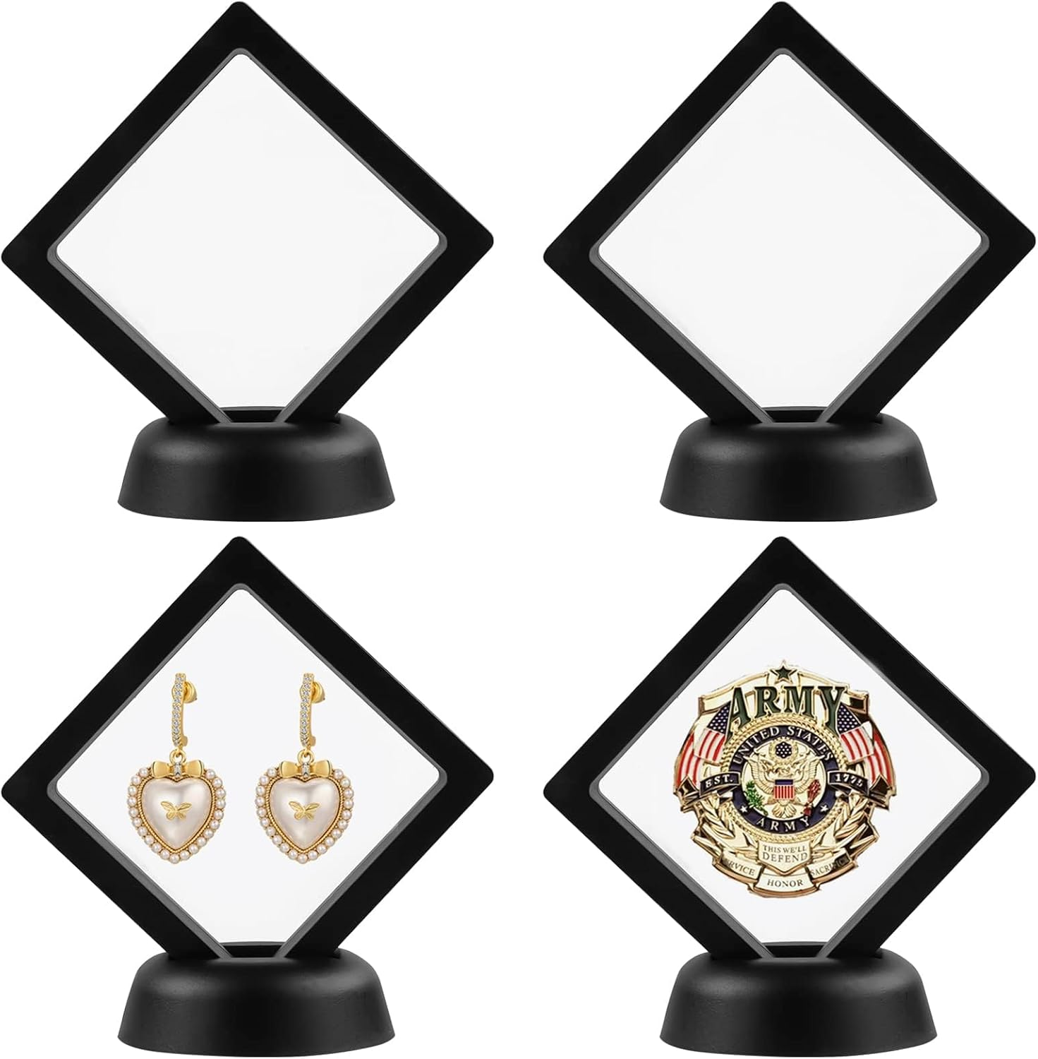 4Pcs 3D Floating Frame with Stand, Challenge Coin Display Holder, Small Shadow Box for Earrings, Rings, Brooch, Military Medal, Black, 2.75X2.75 Inches image number 3