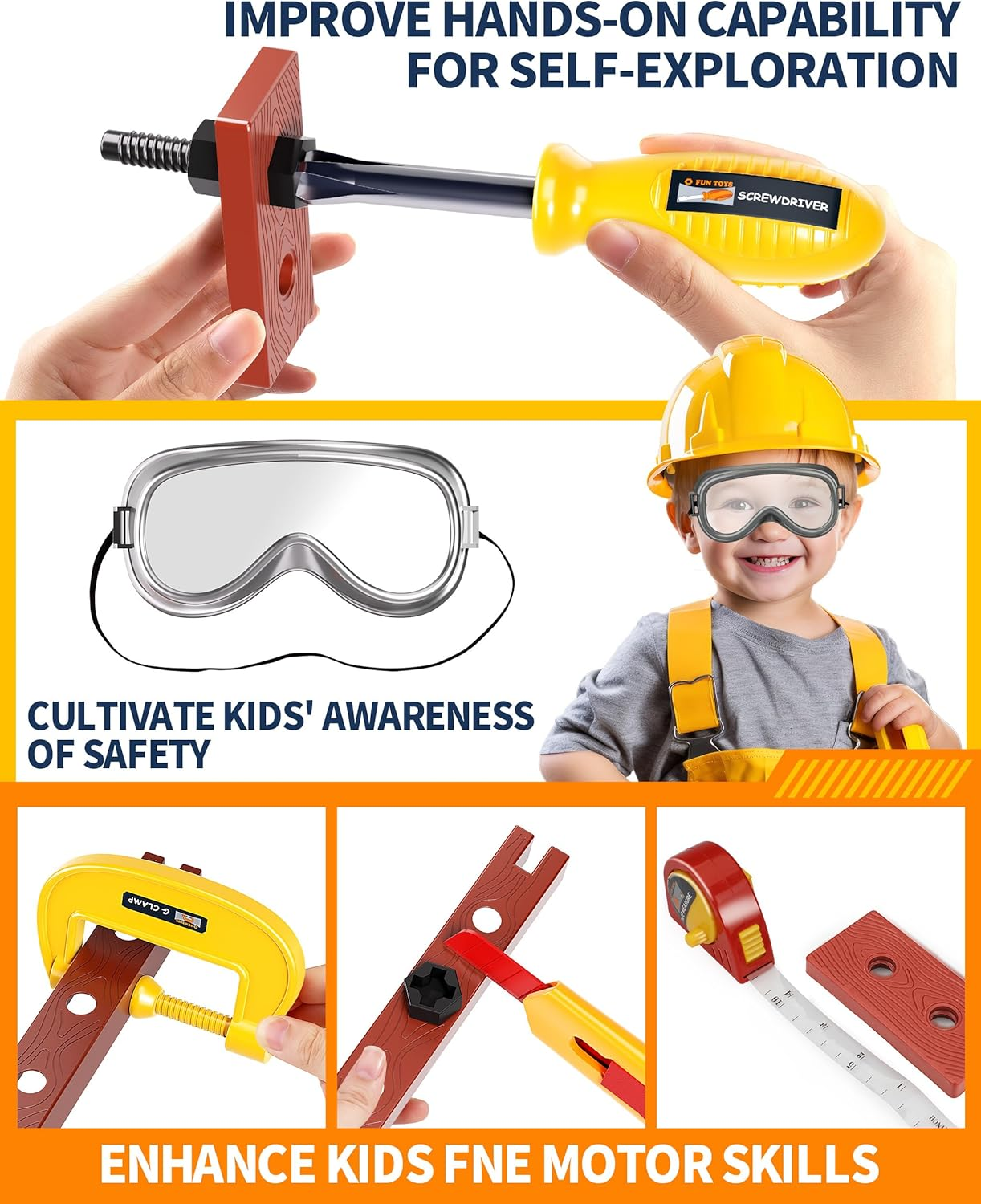 Deejoy Tool Set with Tool Box & Electronic Toy Drill, Pretend Play Kids Construction Kits for Kids Ages 3-5 Years Old, Toddler Boy Toys(Orange) image number 5