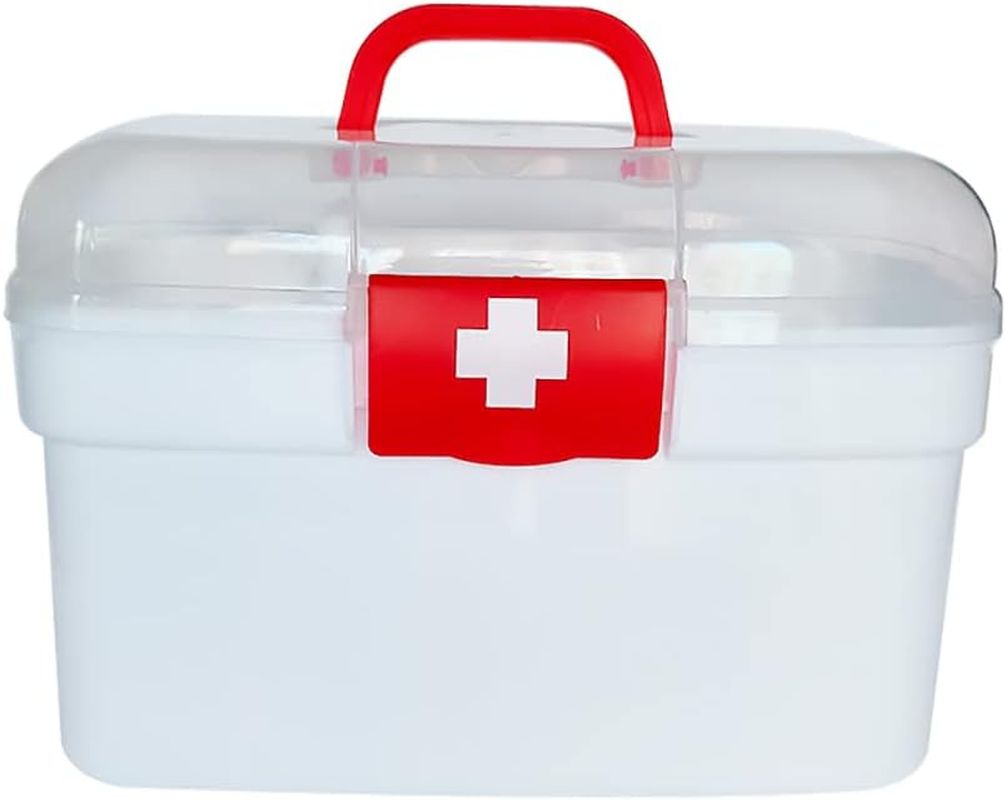 Portable Empty Small Home & Work First Aid Box with an Internal 4 Grid Tray, Handled Household Medicine Storage Box, Multipurpose Plastic Storage Box (White)