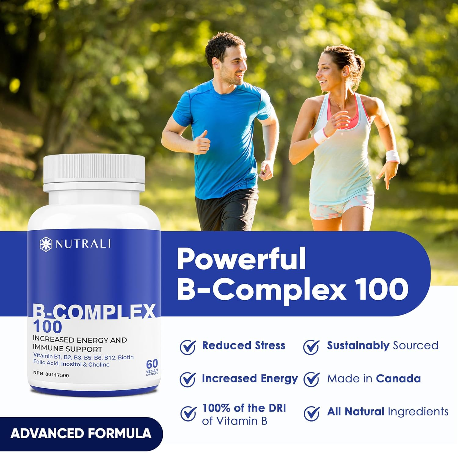 NEW B-COMPLEX 100 High Potency Capsules, 9 Complete B Vitamins - B1, B2, B3, B5, B6, B7, B9, B10, B12 for Men and Women, Reduced Stress, Improved Immune Support, Hair, Skin, Nail & Eye Health, and Brain Function &ndash; Gluten Free, Non-Gmo, Vegan - (1 Pack) 60 Capsules image number 4