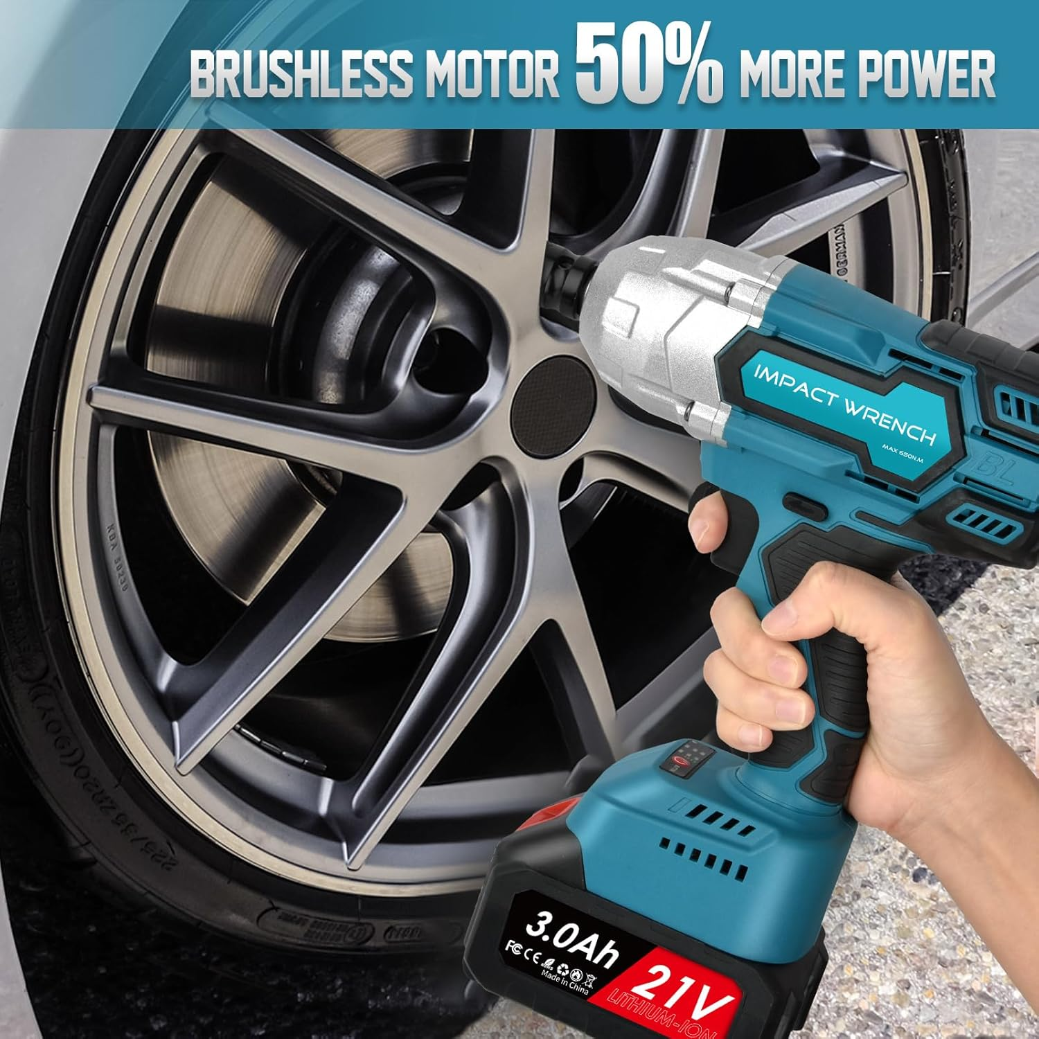 1/2 Inch Cordless Impact Wrench: Brushless High Torque Impact Gun, 480 Ft-Lbs (650N.M) Electric Impact Wrench with 2Pcs 3000Mah Battery, 9 Sockets & Storage Case for Home/Car Maintenance image number 1