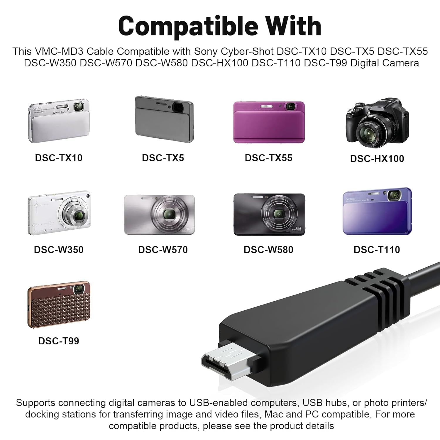 Replacement VMC-MD3 USB Data Charger Cable Cord for Sony Cyber-Shot DSC-TX10 DSC-TX5 DSC-TX55 DSC-W350 DSC-W570 DSC-W580 DSC-HX100 DSC-T110 DSC-T99 Digital Camera image number 6