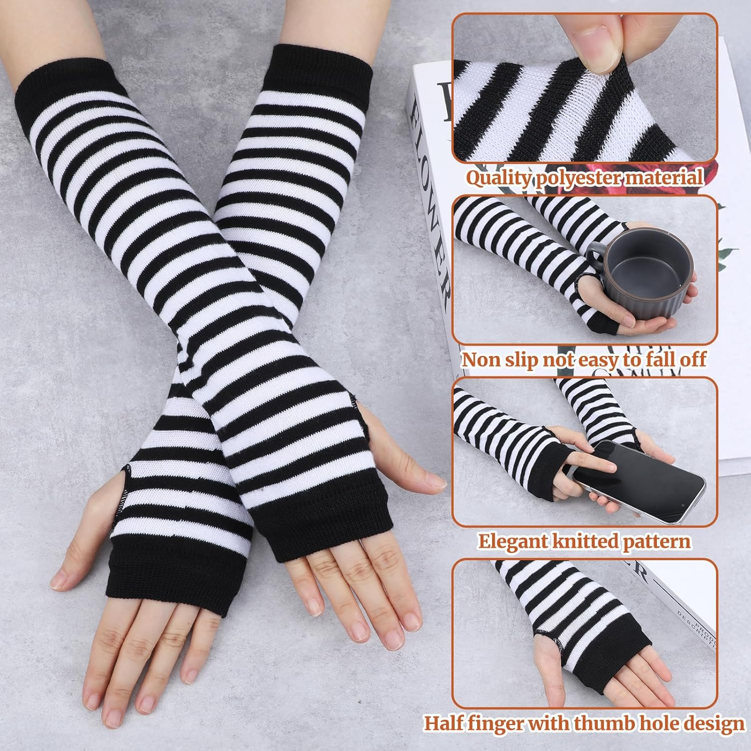 APLZGMG Y2K Striped Arm Warmers, Black & White Long Fingerless Knitted Gloves with Thumb Hole, Harajuku Kawaii Punk Gothic Arm Sleeves for Women & Men image number 1