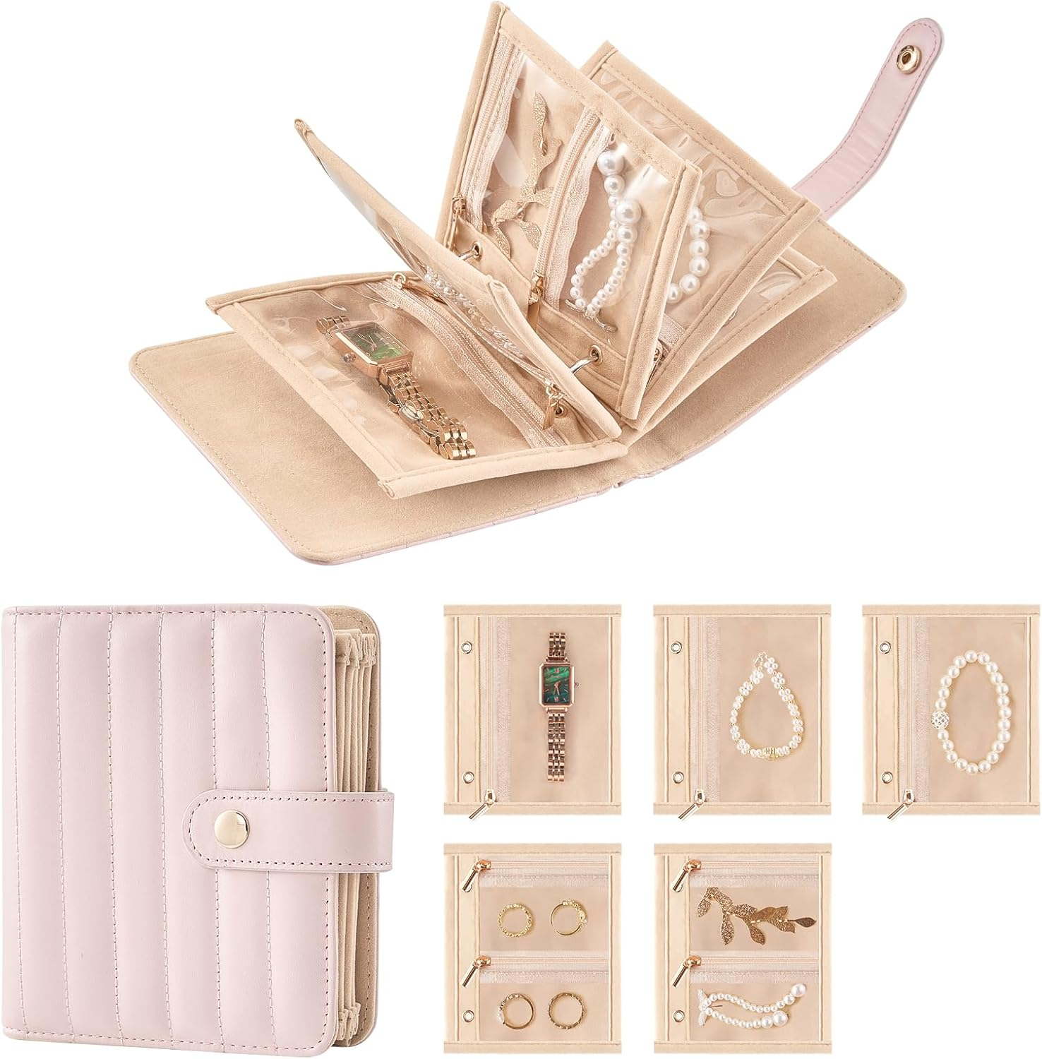 Lolalet Travel Jewelry Organizer Case, Portable Jewlery Storage Book Portfolio Binder with Zipper Velvet Pouch and Built-In Mirror for Women -Beige, Small