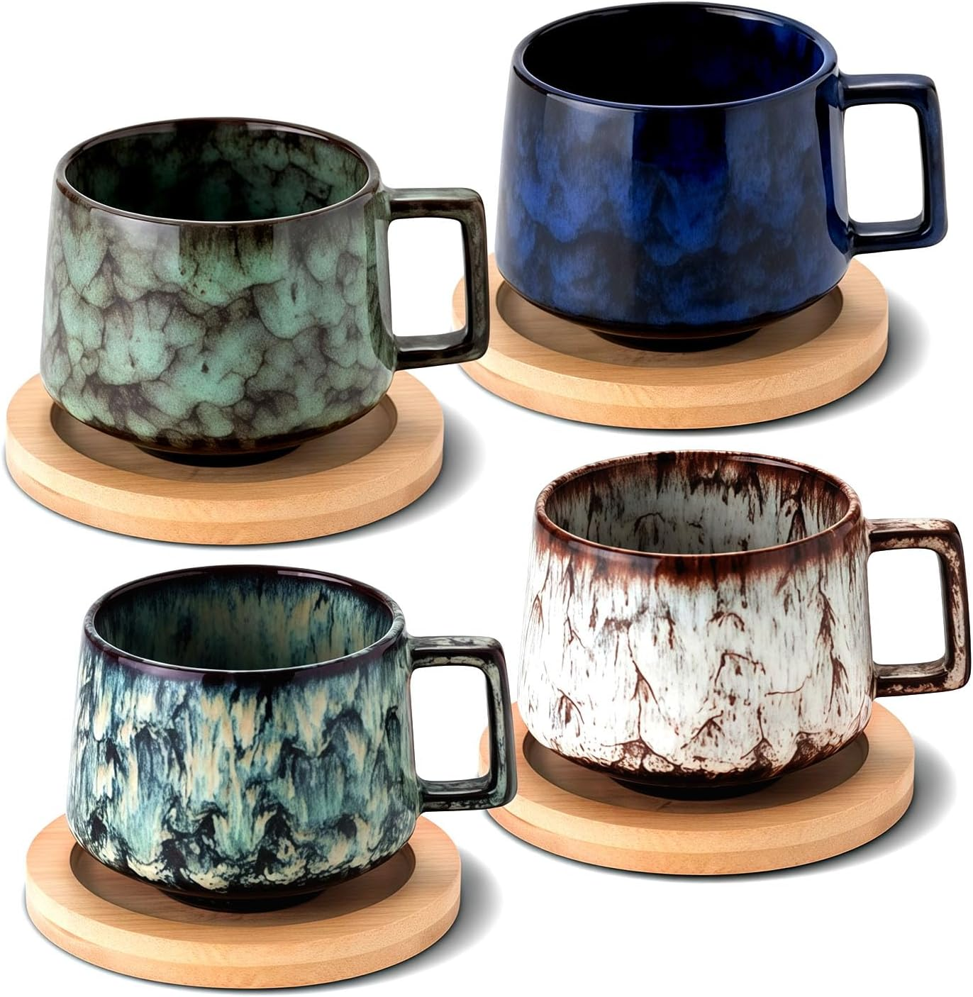 Set of 4 Espresso Cups, 190 Ml Cappuccino Cups with Wooden Saucers, Coffee Cups with Saucers, Stoneware Cups for Coffee, Americano, Latte, Cafe, Mocha and Tea (Beige + Cyan + Dark Blue + Dark Green)