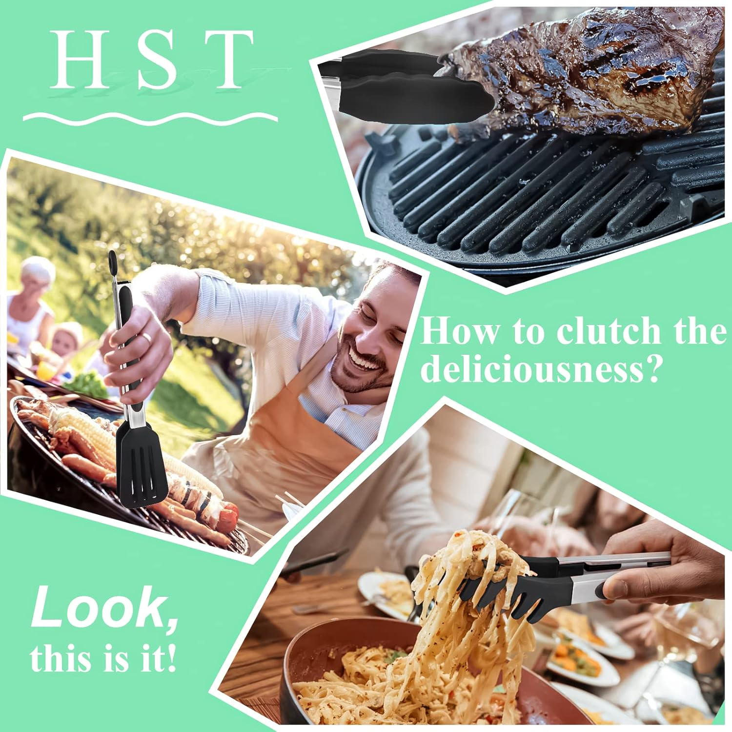 HST Tongs for Cooking with Silicone Tips(3 Pack), Non Stick Kitchen Tongs with Silicone Tip for Cooking BBQ Baking (9", Black) image number 5