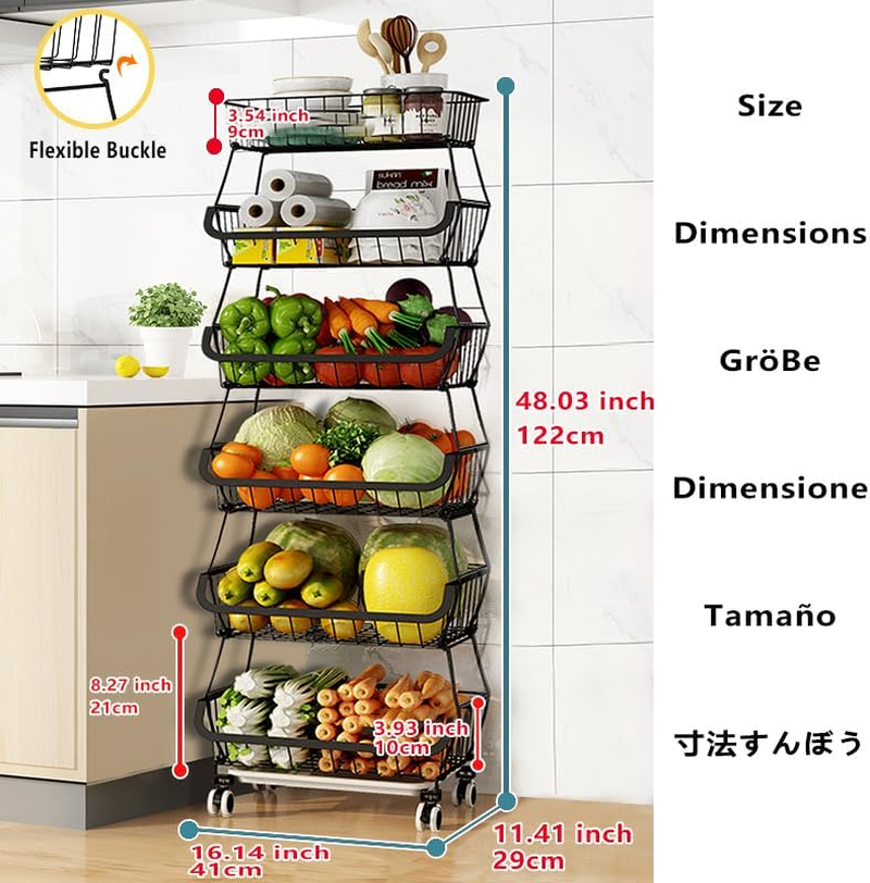 Carolyndesign Kitchen Storage Baskets Black Iron Wire Storage Bins with Wheels and Feet, Stackable Vegetable Storage Baskets (6-Tier Baskets) image number 2