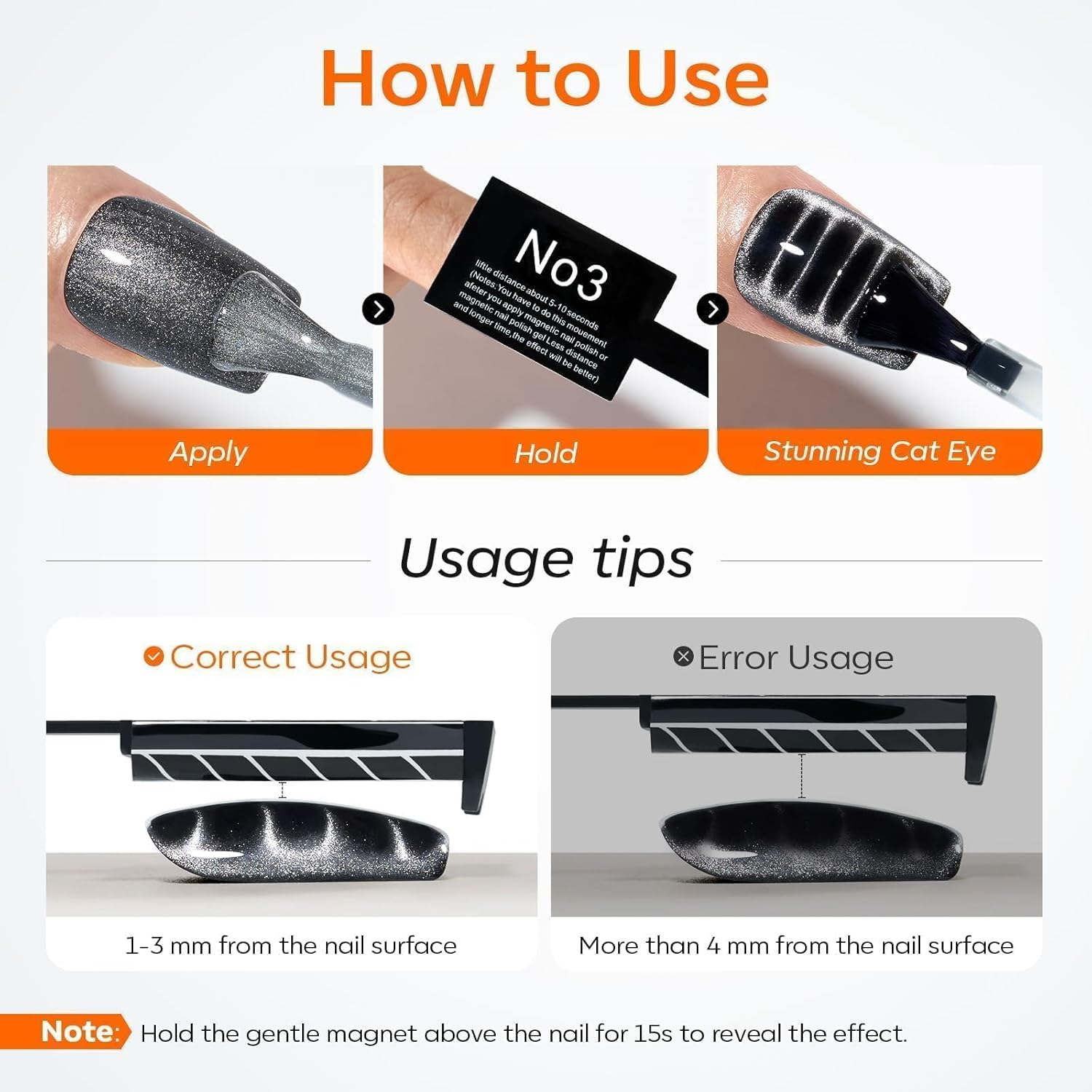 Modelones Cat Eye Magnetic for Nails,15Pcs Cat Eye Gel Nail Polish Magnet Tools Powerful Set Wand Magnet Nail Polish Square round Magnet Stick Diverse Glassy Cateye Effect