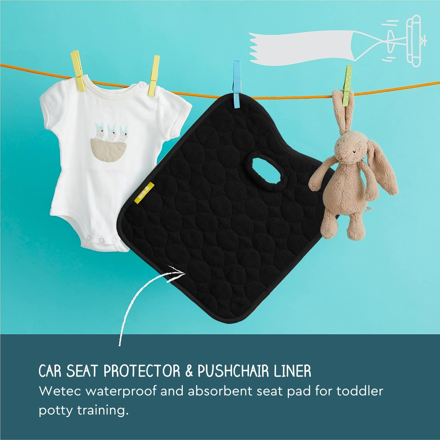 Koo-Di Oopsie Do Do Baby Car Seat Protector & Pushchair Liner, Waterproof Absorbent Seat Pad for Potty Training, Toddler Accidents, Child Travel Comfort &ndash; Black