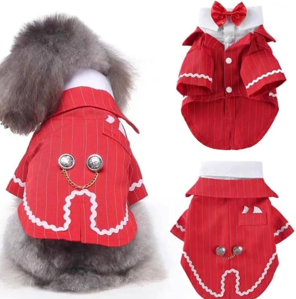 Dog Tuxedo Formal Shirt, Puppy Suit Pet Costume with Bow Tie for Wedding Party Birthday, Doggie Gentleman Outfits Halloween Pet Dress-Up Cosplay Clothes for Small Medium Dogs (Red, L) image number 1