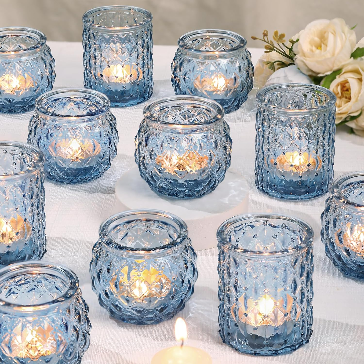 DARJEN Blue Glass Votive Candle Holders Set of 24 - round Tea Lights for Wedding, Shower, Party & Gift
