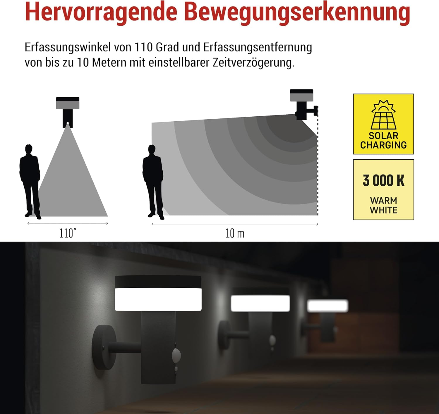 EMOS - TERION Solar LED Wall Light with Motion Sensor for Home and Garden - Waterproof Solar Garden Lighting with Sensor, Brightness 200Lm, Warm White - Stainless Steel Housing for Wall Mounting image number 5