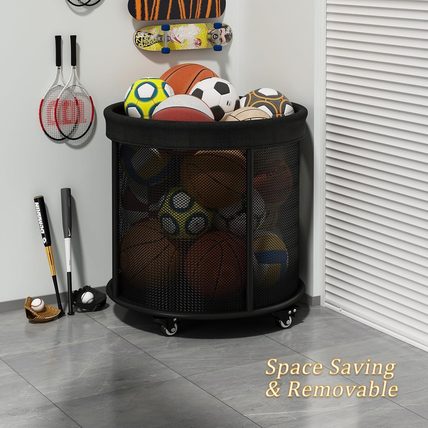 Ball Storage Cart Ball Storage Bin for Balls, 48 Gals Mesh Ball Holder, Basketball Rack with Wheels, Outdoor, Indoor image number 5
