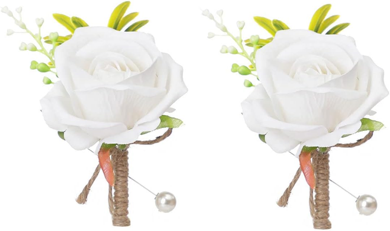 Ydseozoa Pack of 2 Corsage Wedding Boutonniere Artificial Roses Flowers Bouquet Brooch Decor for Bride Groom Wedding Prom Party Banquet Roses Boutonniere (White)