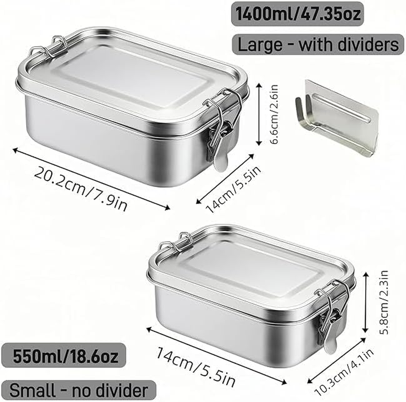 2-Pack Stainless Steel Lunch Box Set【1400Ml & 550Ml】&ndash; 1400Ml Leak-Proof Lunch Box with Divider & 550Ml Metal Snack Container, Reusable Food Storage for Work, School, and Outdoor Meals image number 3
