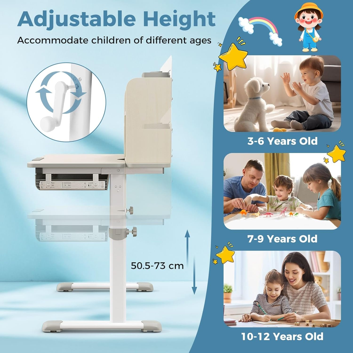 HONEY JOY Kids Study Desk, Height Adjustable Children Writing Table W/Tilt Desktop, Home School Student Learning Desk W/Hutch, Storage Drawer, Tray, Pen Holder & Scale Ruler for 3-12 Years, Grey image number 6
