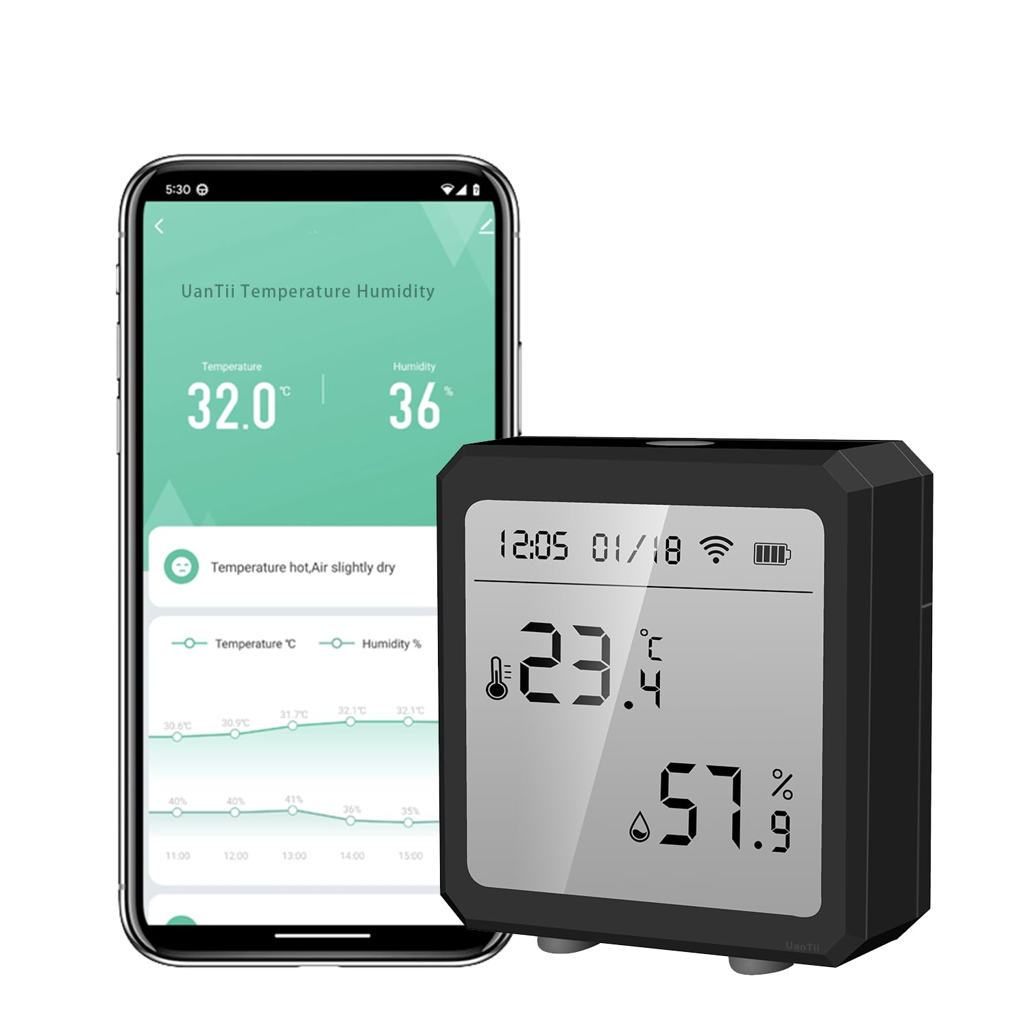 Wifi Temperature Humidity Sensor Tuya Smart Indoor Thermometer Hygrometer Detector,Works with Smart Life App,App and Voice Control (White)