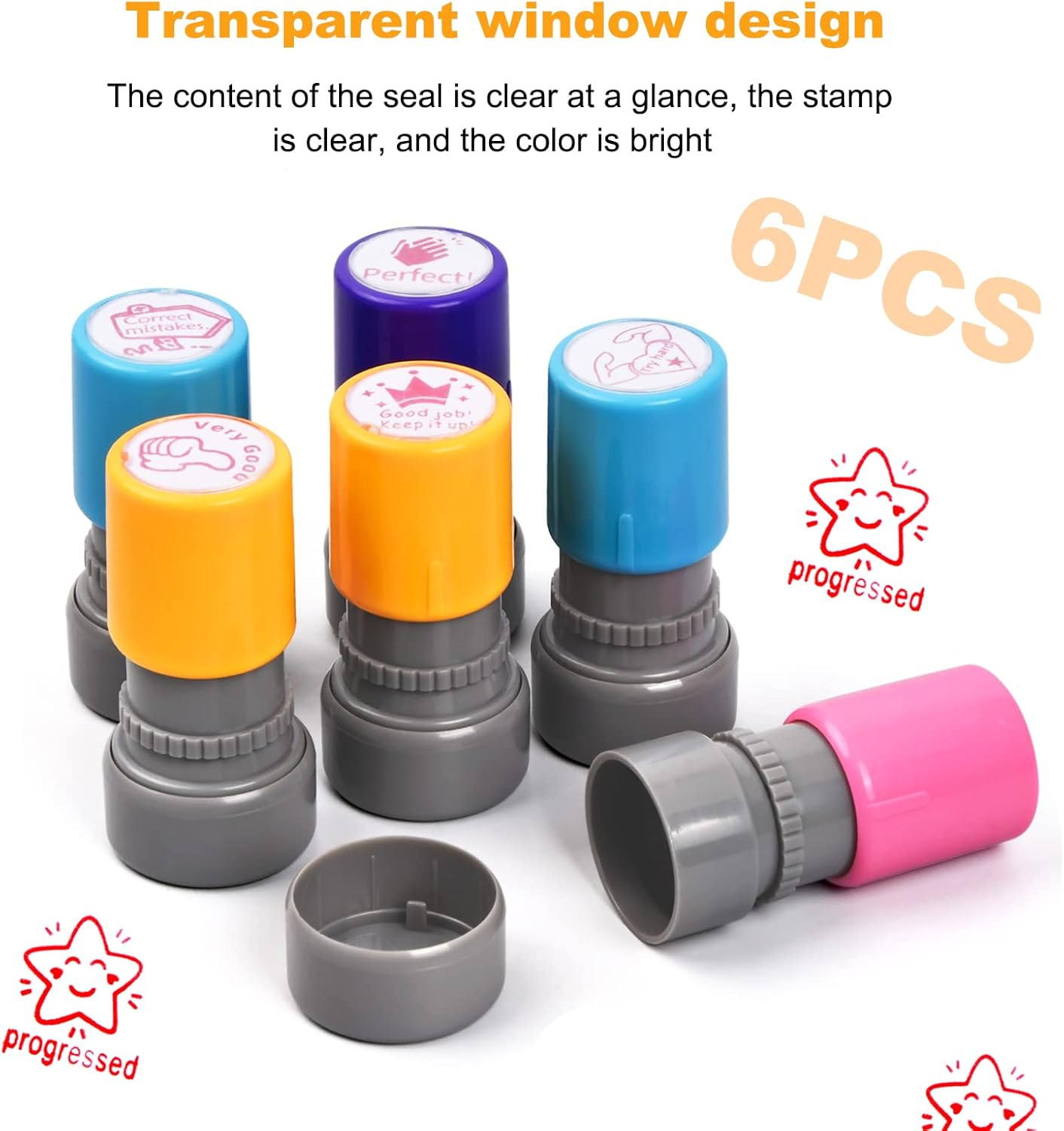 Teacher Stamps 6 Pieces Self-Inking Teacher Stamp Set, Self Inking Stamps for Teachers Supplies, Motivational Stamps for Grading & Encouragement, for Classroom Grading Motivation and Homework Review image number 1