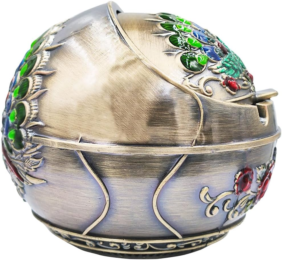 Hourwof Smokeless Ashtray with Lid - Peacock Windproof for Outdoor Patio Balcony, Metal Cigarettes for Home Office Tabletop Decor - Birthday Housewarming Gift, Bronze image number 6