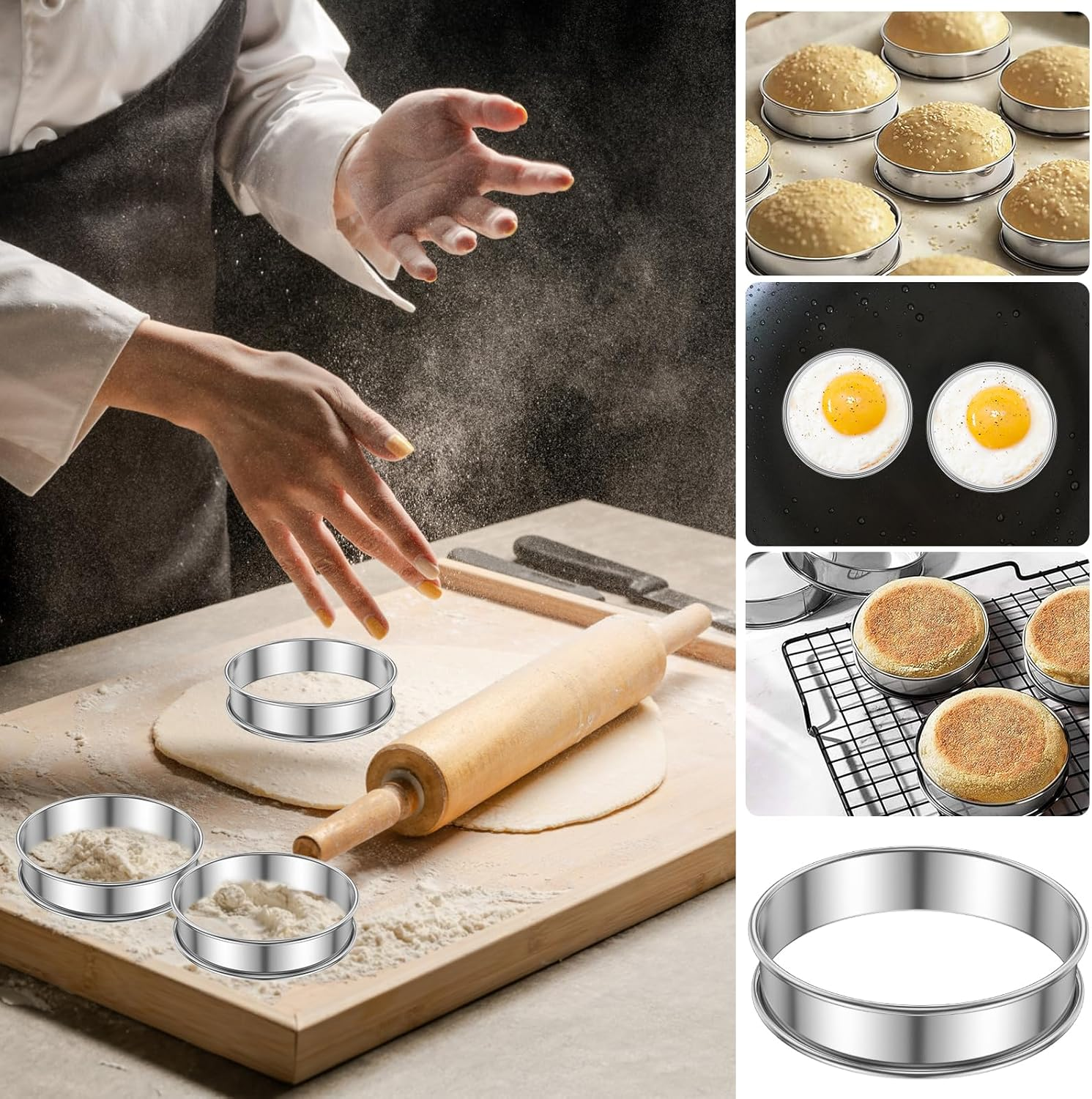 ZJMCAJY 12-Piece English Muffin Rings, 304 Stainless Steel, Double Rolled Edges, 8Cm & 10Cm Sizes, Nonstick, Dishwasher Safe - 10Cm image number 5