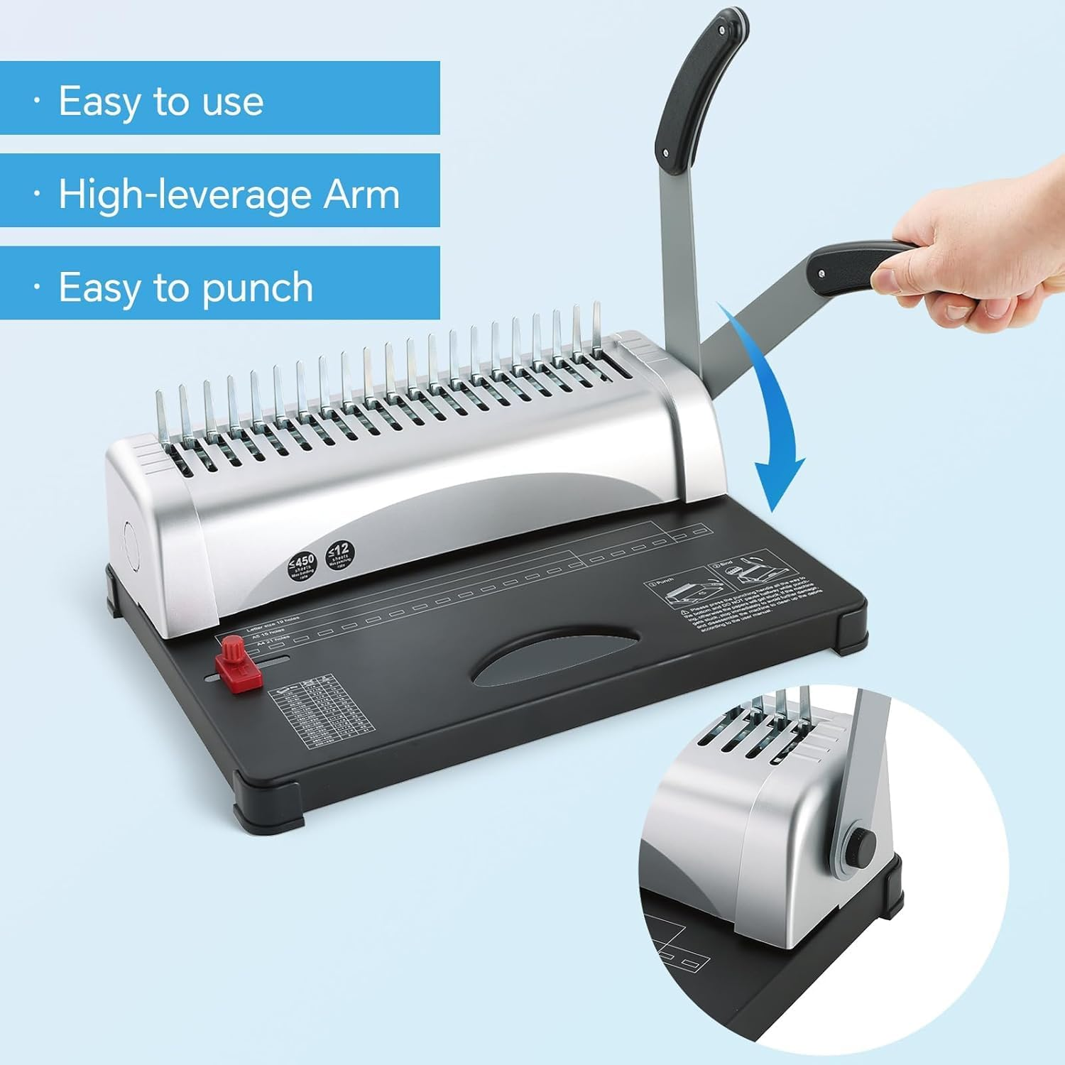 PANTREE Comb Binding Machine, 21 Holes 450 Sheets Coil Binding Machine Includes 100 PCS Rubber Ring, Punches 12 Sheets, Fits Letter Size, A4, A5 or Smaller Sizes (White) image number 2