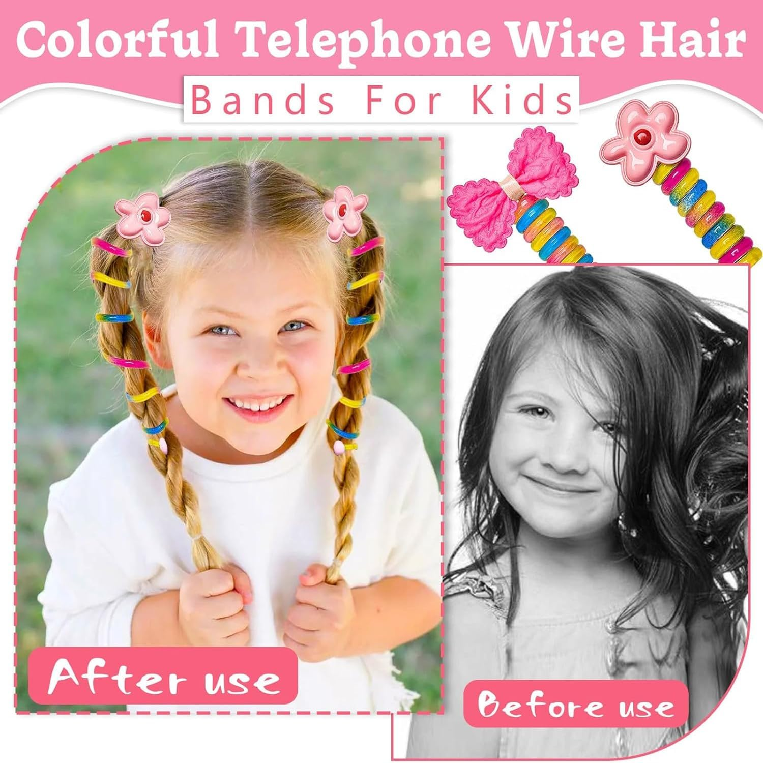 10 PCS Colorful Telephone Wire Hair Bands for Kids, Spiral Hair Ties, Bowknot Braided Telephone Wire Hair Bands, Ponytail Holder Accessories for Women Girls (Multicolor) image number 5