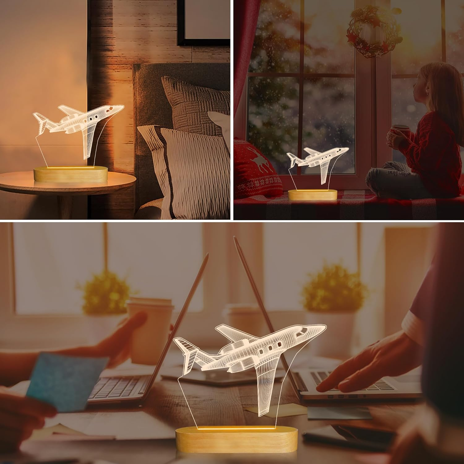 Airplane Night Light 3D Illusion Lamp, Soft Warm Colors Wood Table Lamp for Boys Pilot Gifts Birthday Gifts with USB Power(Plane) image number 5