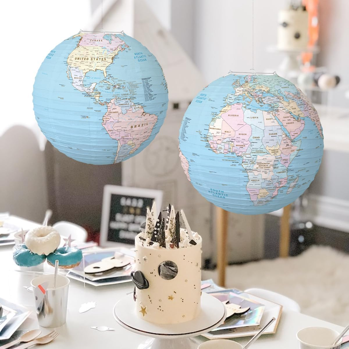 INFITE World Map Globes Hanging Paper Lantern Map Classroom Decorations Travel Themed Party Decorations 12 INCH Earth Day Decorations for Home Earth Theme Party Decor Supplies image number 2
