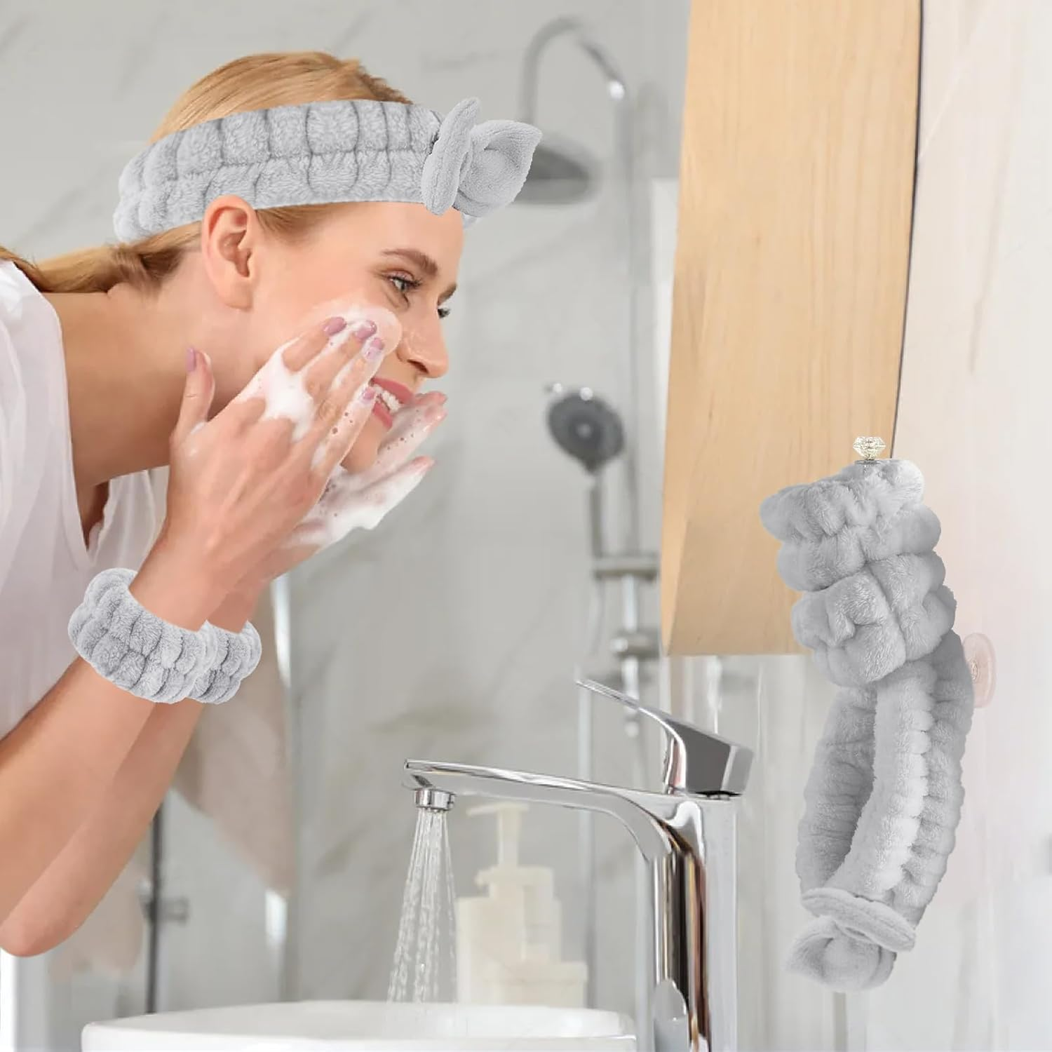 ATDORO Face Washing Headband and Wristband Set of 3, Wristbands and Headband for Women, Absorbent Wristbands for Washing Face, Wrist Scrunchies for Skin Care image number 3