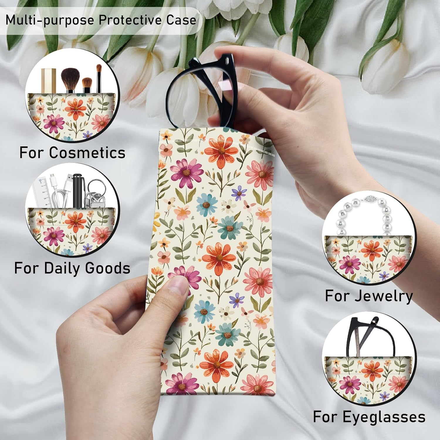 CREATCABIN 2Pcs 2 Styles Floral Eyeglasses Case Portable Sunglasses Pouch PU Leather Soft Waterproof Slim Squeeze Flower Glasses Goggles Holder Bag with 2Pcs Cloths for Travel Women Men 7.1 X 3.5 image number 6