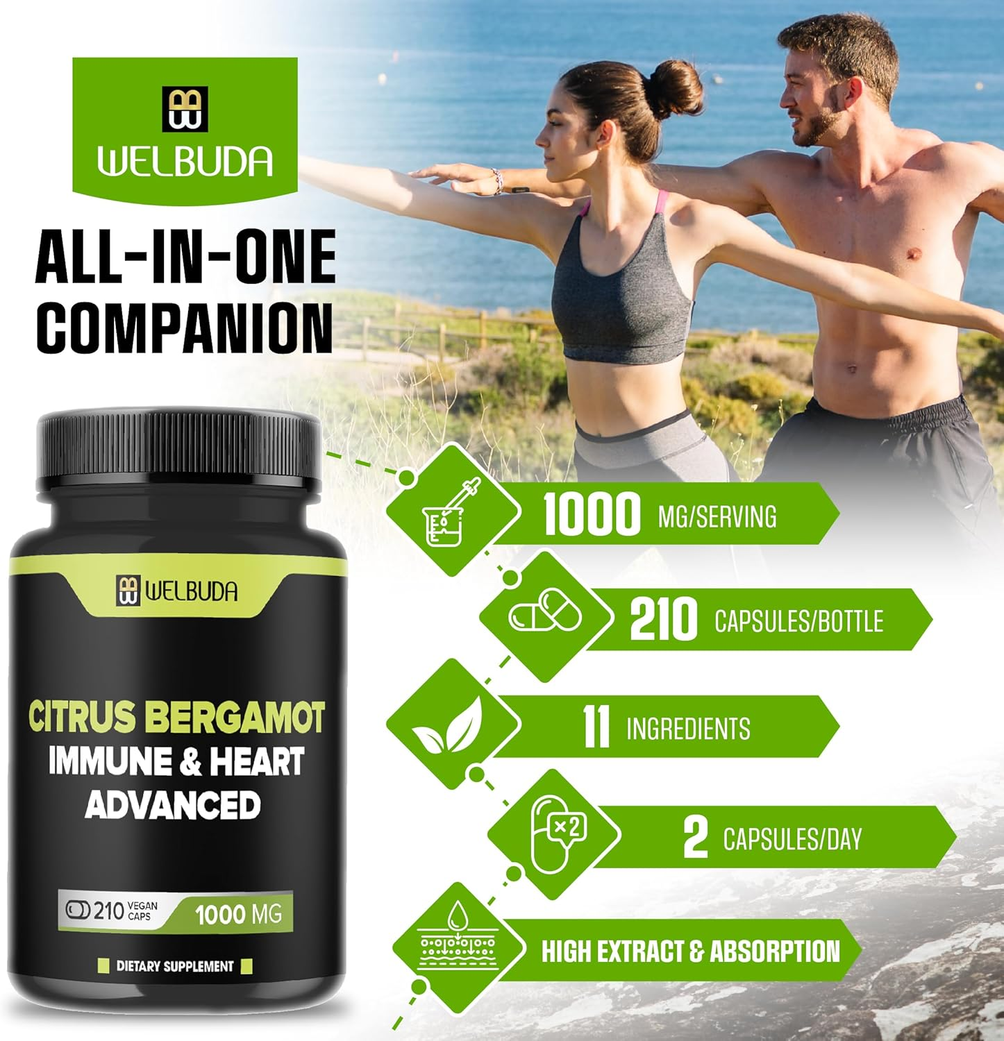 Citrus Bergamot Capsules with Advanced Immune Blend Elderberry, Echinacea, Garlic Bulb, Olive Leaf, Astragalus & Heart Blend Black Chokeberry, Olive Leaf, Hawthorn, Garlic and Hibiscus - 210 Pills image number 1