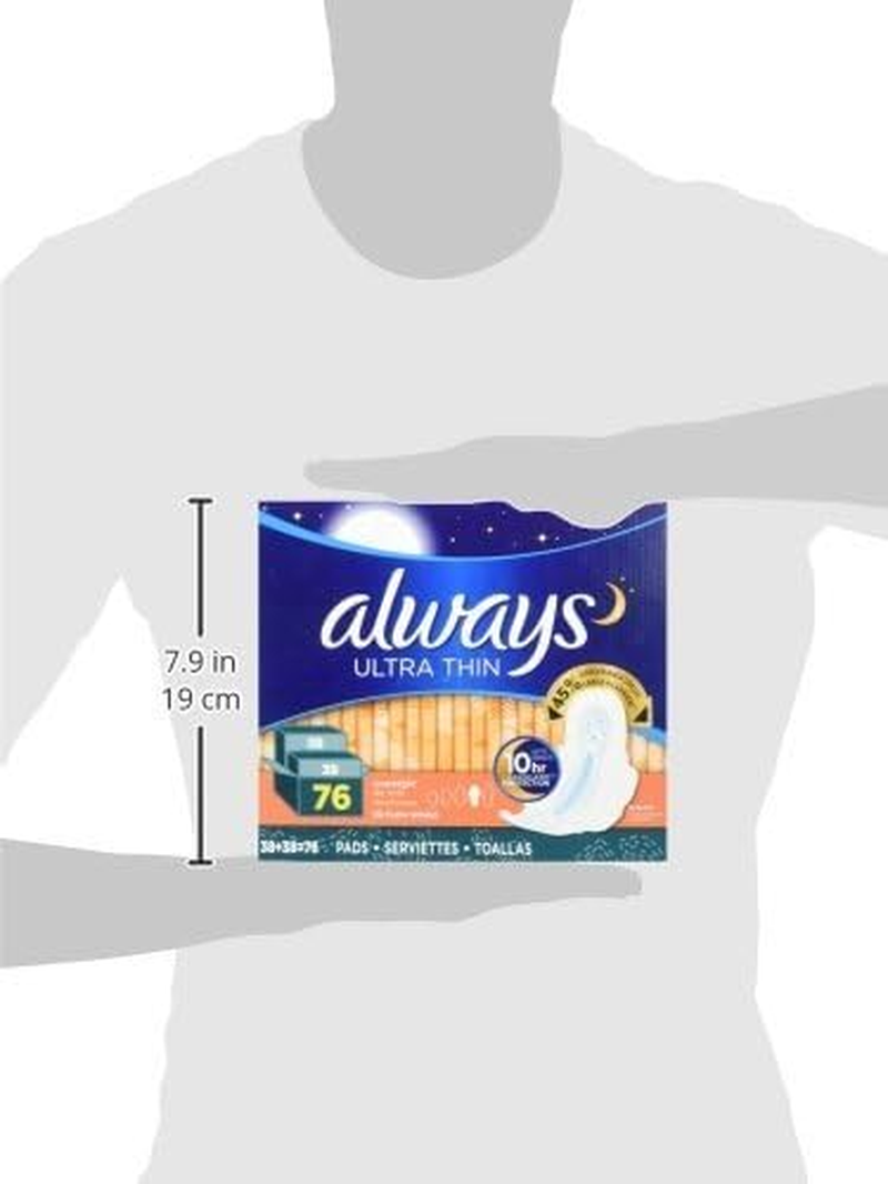 Always Ultra Thin Overnight Pads with Wings, Unscented, 76 Count image number 1