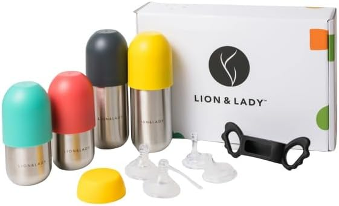 Lion & Lady Australia Baby & Toddler Feeding Supplies - 18/8 Stainless Steel Max Pack Baby Feeding Bottle Set with Cups for 6+ Months, Everything You Need to Start Solids (Fuchsia Pink)