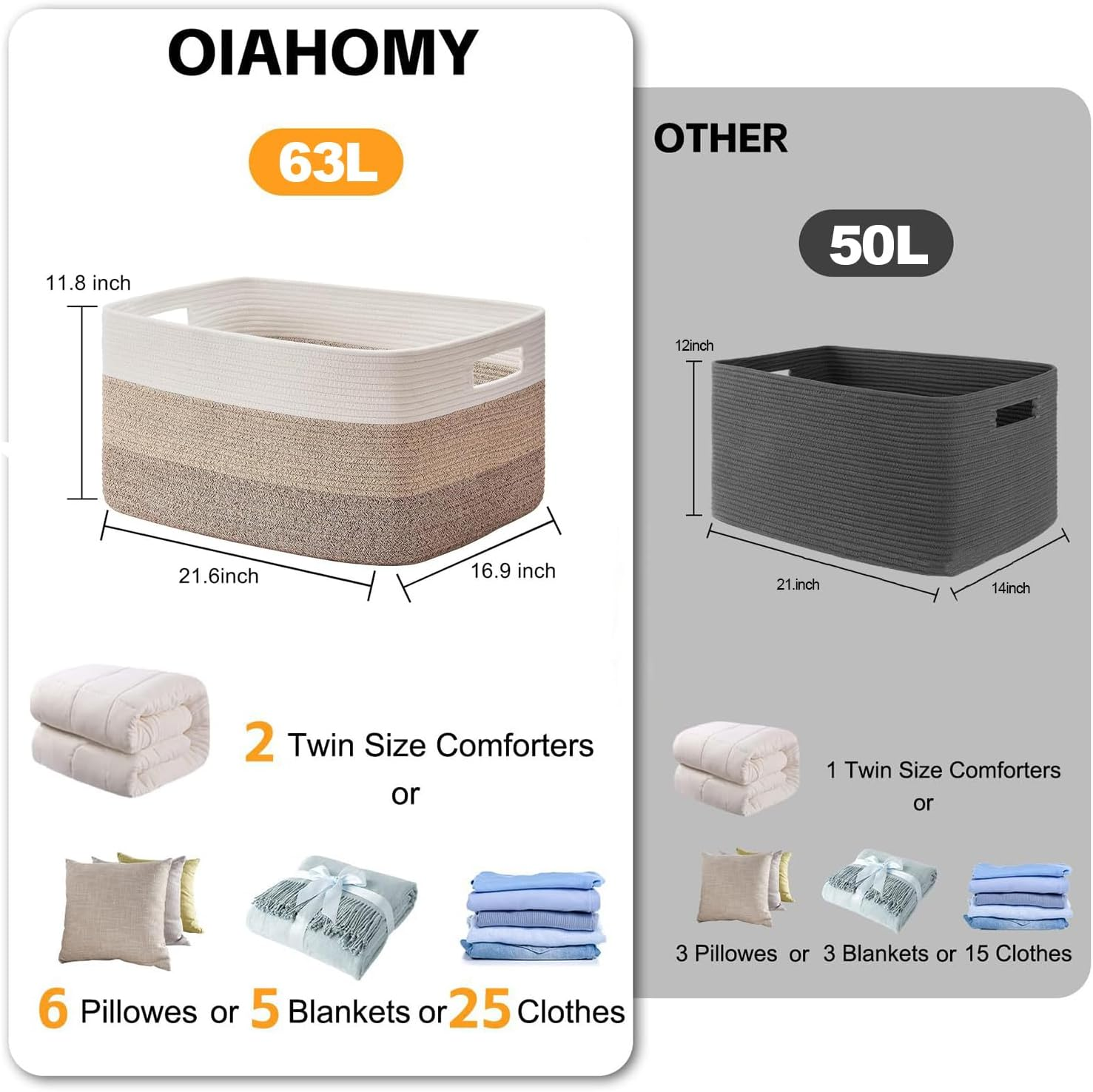 AIMANWEI Large Woven Cotton Rope Laundry Basket（21.6X16.9Inch）,Collapsible Laundry Hamper with Handle for Storage Pillows Clothes Toy Organizer Laundry Hamper with Handle (Black) image number 6