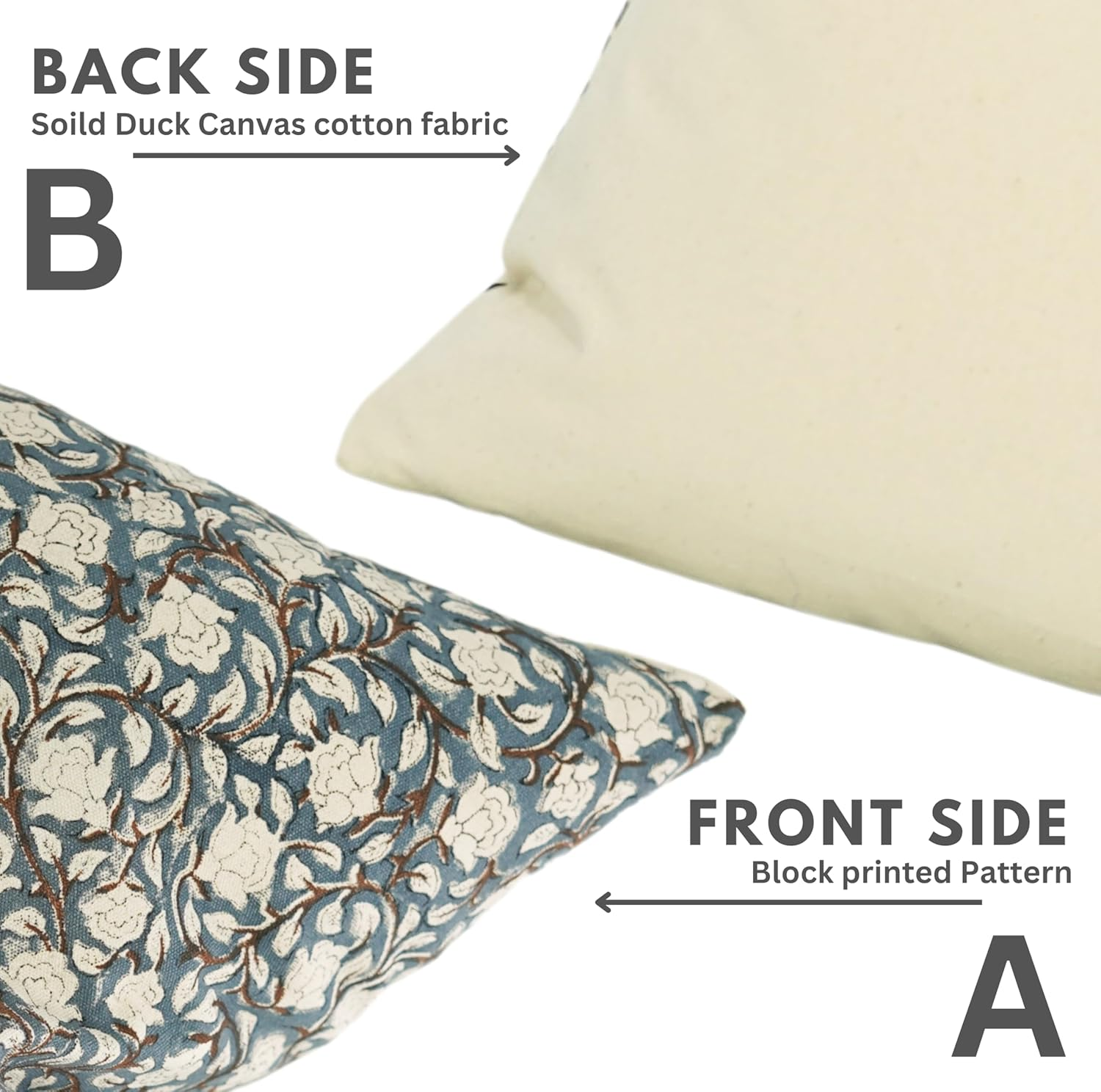 Fabritual Duck Canvas Fabric Handmade Block Floral Print 18X18 Inch Throw Pillowcase Cushion Cover Decorative for Outdoor,Farmhouse, Living Room, Sofa, Bed and Couch (Blue-Amritvella) image number 1