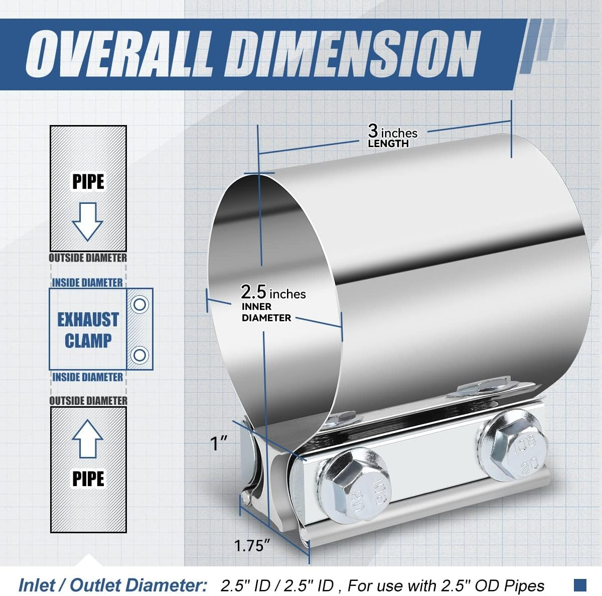 2.5 Inches ID Butt Joint Band Exhaust Muffler Seal Clamp Sleeve, Universal Use for 2.5" Outer Diameter Pipe, Stainless Steel image number 3