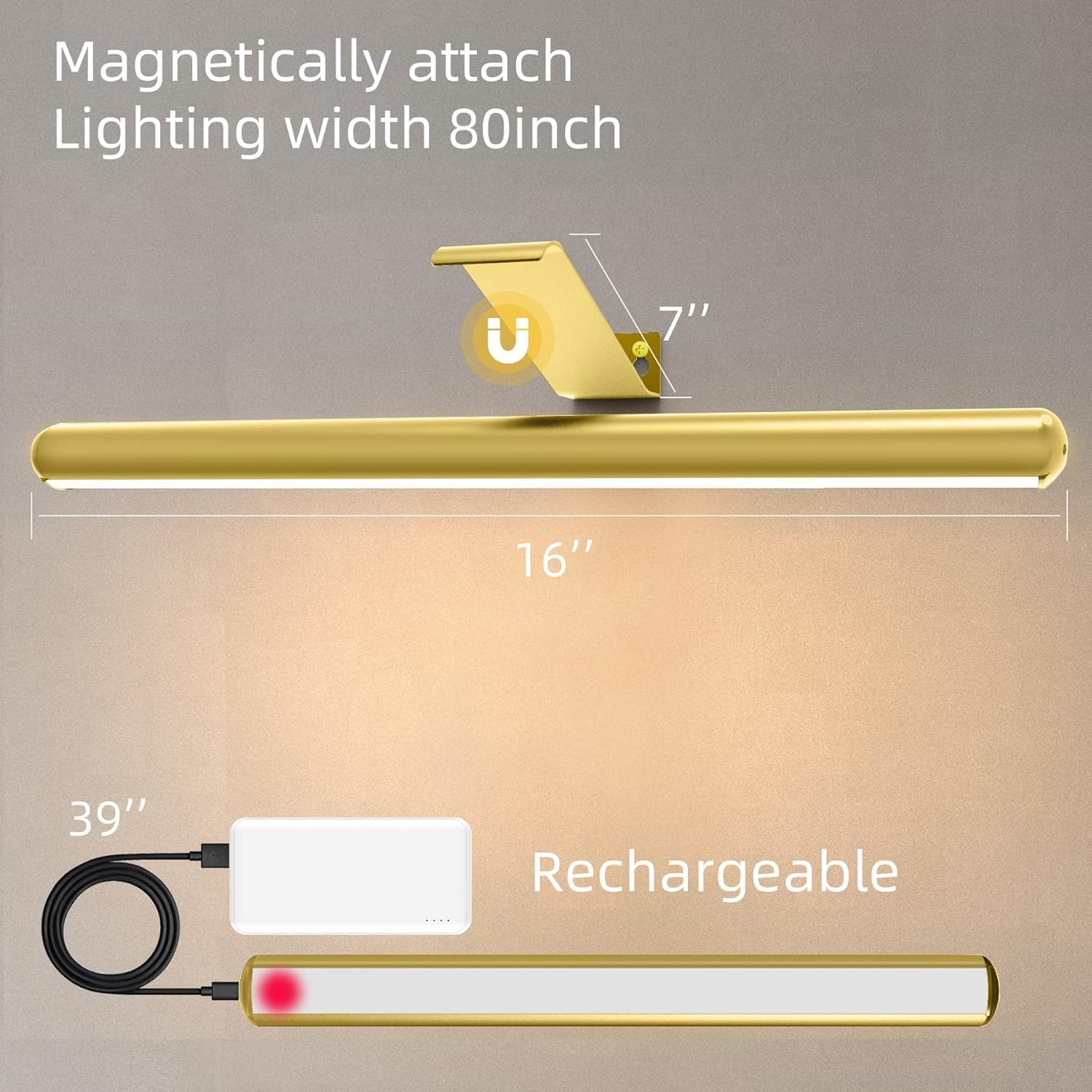 Wireless Picture Light,40Cm Painting Light with Remote Rechargeable Magnetic Timer Wall Light, Touch Dimmable for Picture Painting Dartboard Gallery Cabinet Mirror (2Pack-Gold) image number 5