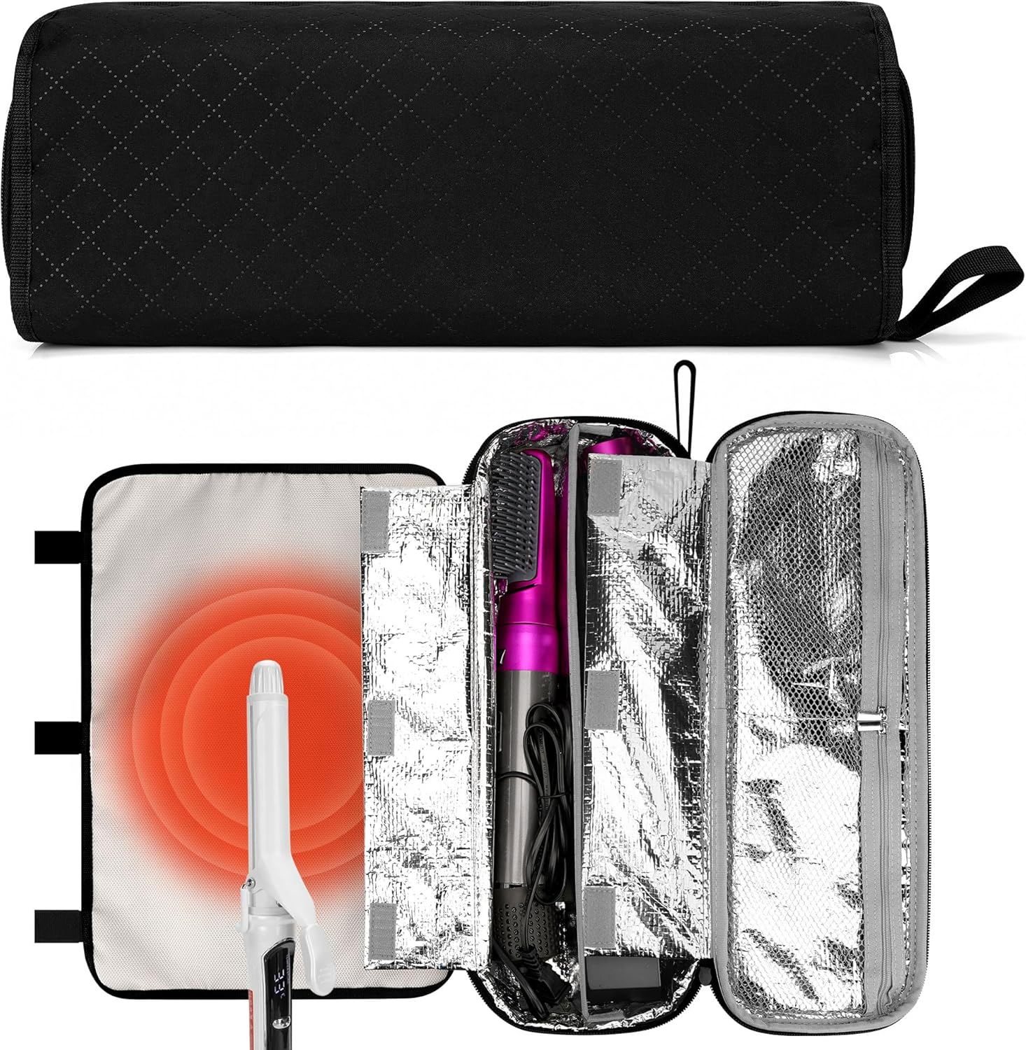 Linkidea Curling Iron Storage Bag, Travel Hair Tools Organizer with Compartment, Compact Portable Hair Accessories Case, Flex Style Heat Resistant Carrying Pouch for Outdoor Use, Black image number 4