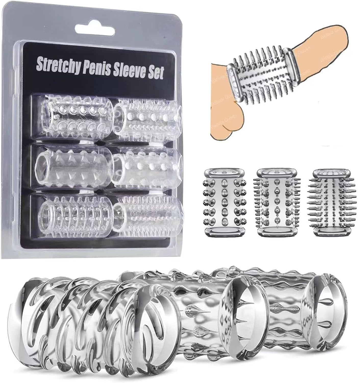 Small Penis Rings, Penis Sleeve Set, Cock Rings with 6 Pack Set Stretchy Textured Studded Stretchy, Erection Enhancing Enhance Men, Delay Tickler Dildo Extension Adult Sex Toys for Men Couple Sex Toy image number 2