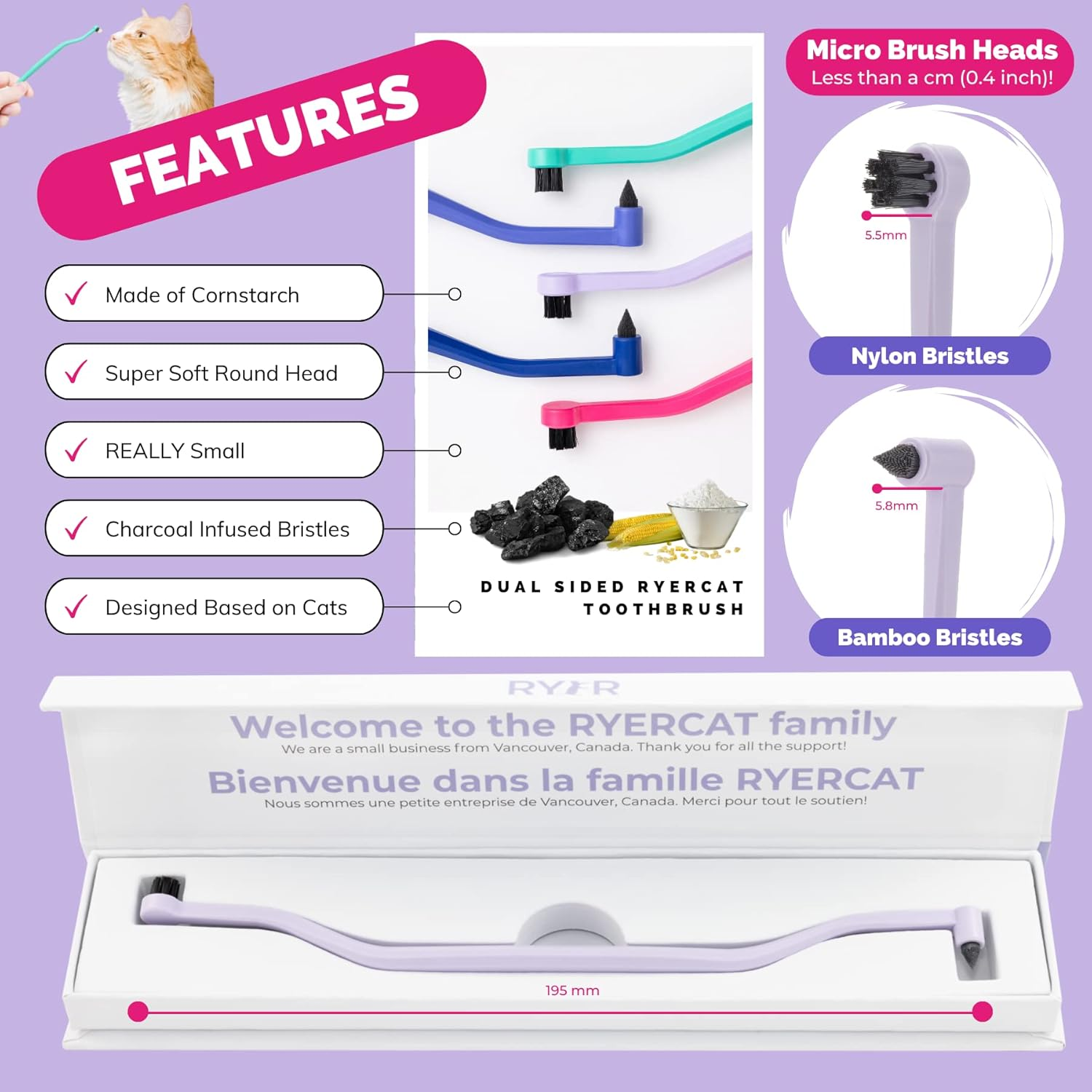 RYERCAT Dual Sided Cat Toothbrush - Kitten Toothbrush with Micro Head to Fit into Cat/Kittens Mouth - Cat Dental Care Supplies - Pet Toothbrush for Cats(Lavender Purple) image number 3