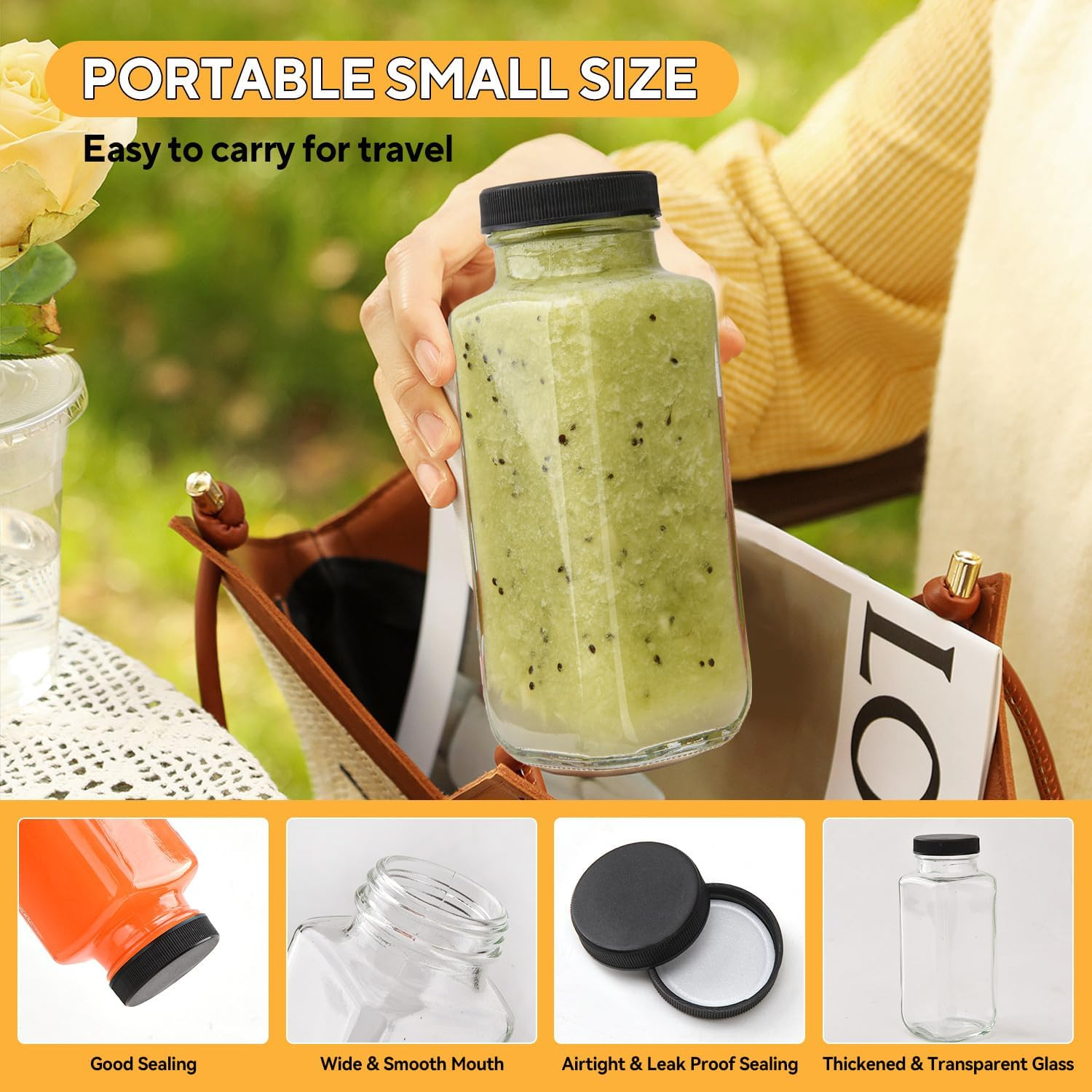 V&middot;Colokishi Pack of 6 250 Ml Square Glass Bottles with Glass Straws, Airtight, Durable, Versatile for Drinking, Food Storage, School, Outdoor, Crafts, On-The-Go image number 1