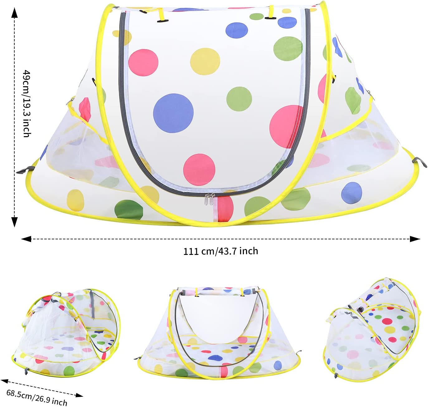 Stlove Travel Cot Foldable Pop up Portable Ultralight Weight Baby Beach Tent Infant Crib Mosquito Net Travel Bed Include Blanket Prevent Urine Penetration Peach Skin Velvet 111 * 68.5 * 49Cm Yellow image number 1