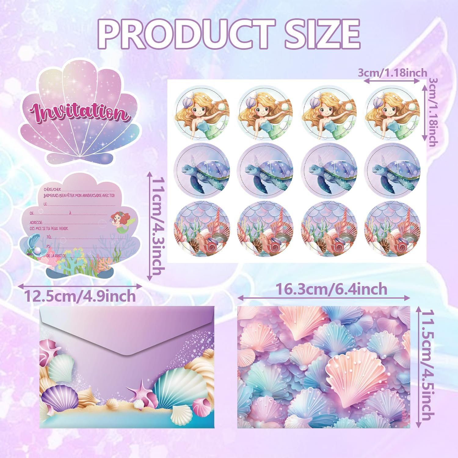 12 Sets Birthday Invitations Girl with Envelopes, Funcyboo Mermaid Party Invitations with Stickers Shell Mermaid Invitation Kit for Girls Party Supplies Kids Birthday Baby Shower Party image number 5