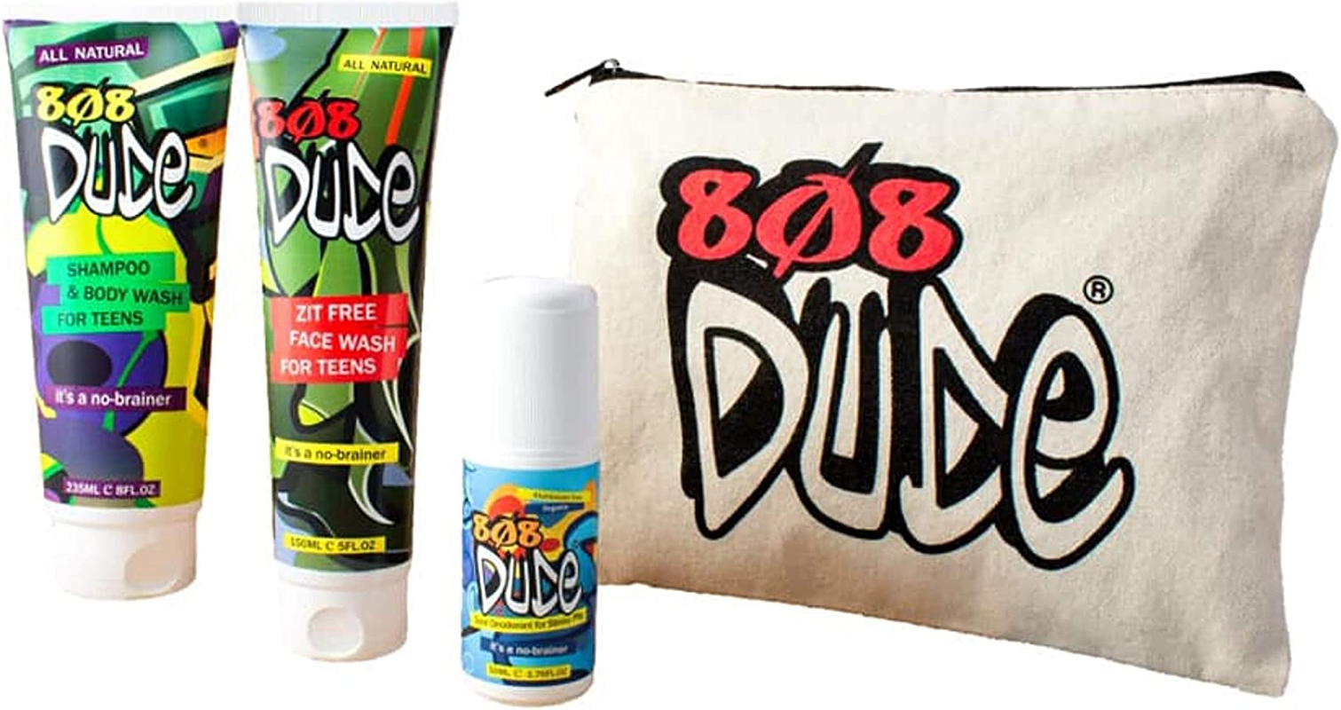 808 Dude Skincare Kit for Teens. Shampoo & Body Wash, Face Wash & Deodorant with Eco-Friendly Cotton Toiletry Bag image number 2