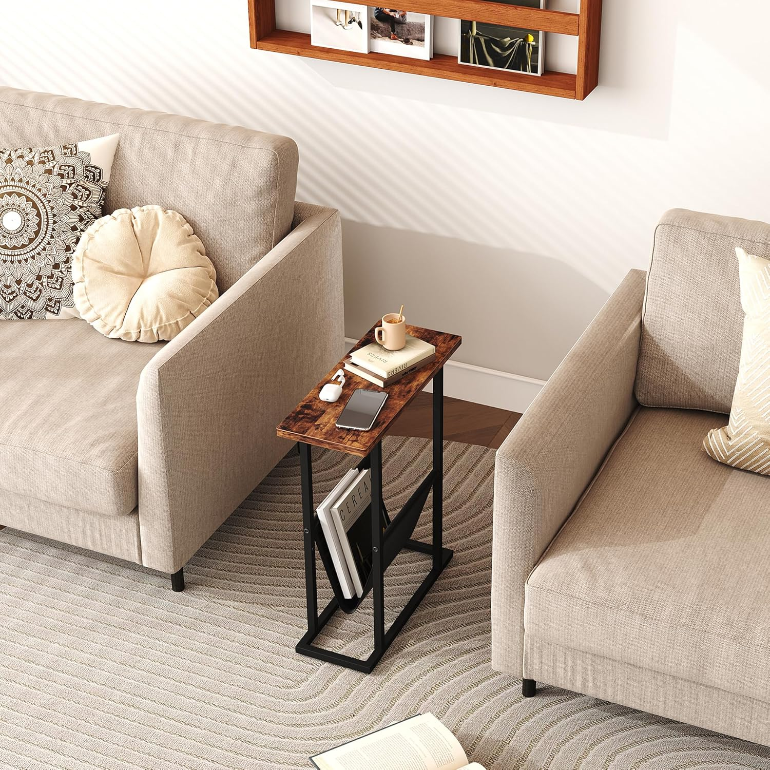 HOMEFORT Narrow End Table with Magazine Holder Slim Side Table for Living Room, Bedroom, Sofa Small Spaces, Rustic Brown image number 6