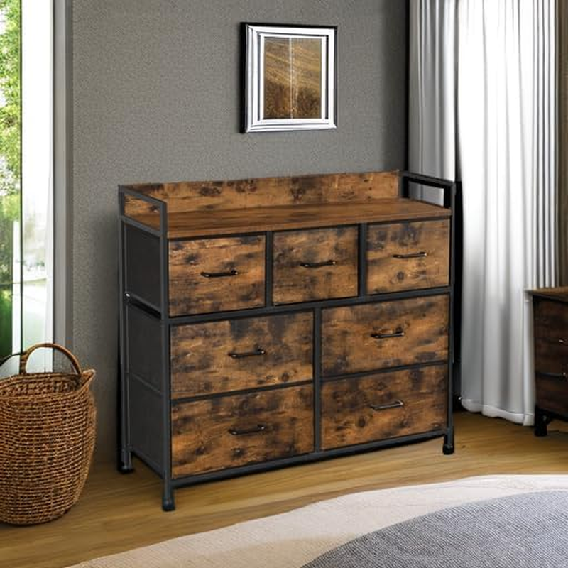 SONGMICS Dresser for Bedroom, Chest of Drawers, Clothes Organizer Storage Unit, 7 Fabric Drawers with Handles, Metal Frame, Rustic Brown and Ink Black ULTS137B01 image number 2