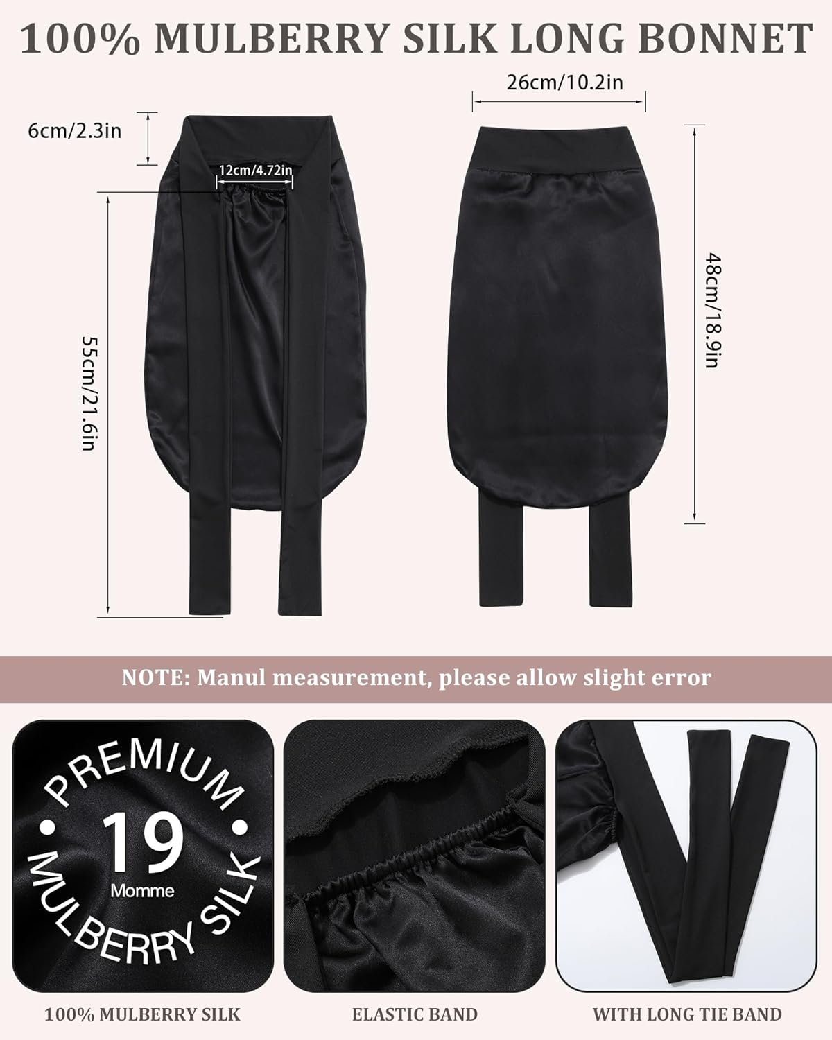 AWAYTR 100% Mulberry Silk Bonnet - Long Hair Cap for Sleeping Tie Band Bonnet for Braids Curly Hair